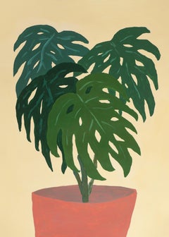 Planta Monstera, Maceta Interior Verde, Bodegón Moderno Fondo Amarillo