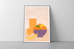 Orange Juice with Fruit Bowl, Modern Still Life on Earth Tones, Realist, Banana