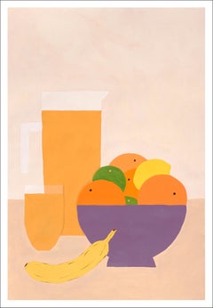 Orangefarbene Eisschale mit Obstschale, modernes Stillleben in Erdtönen, Realismus, Banane