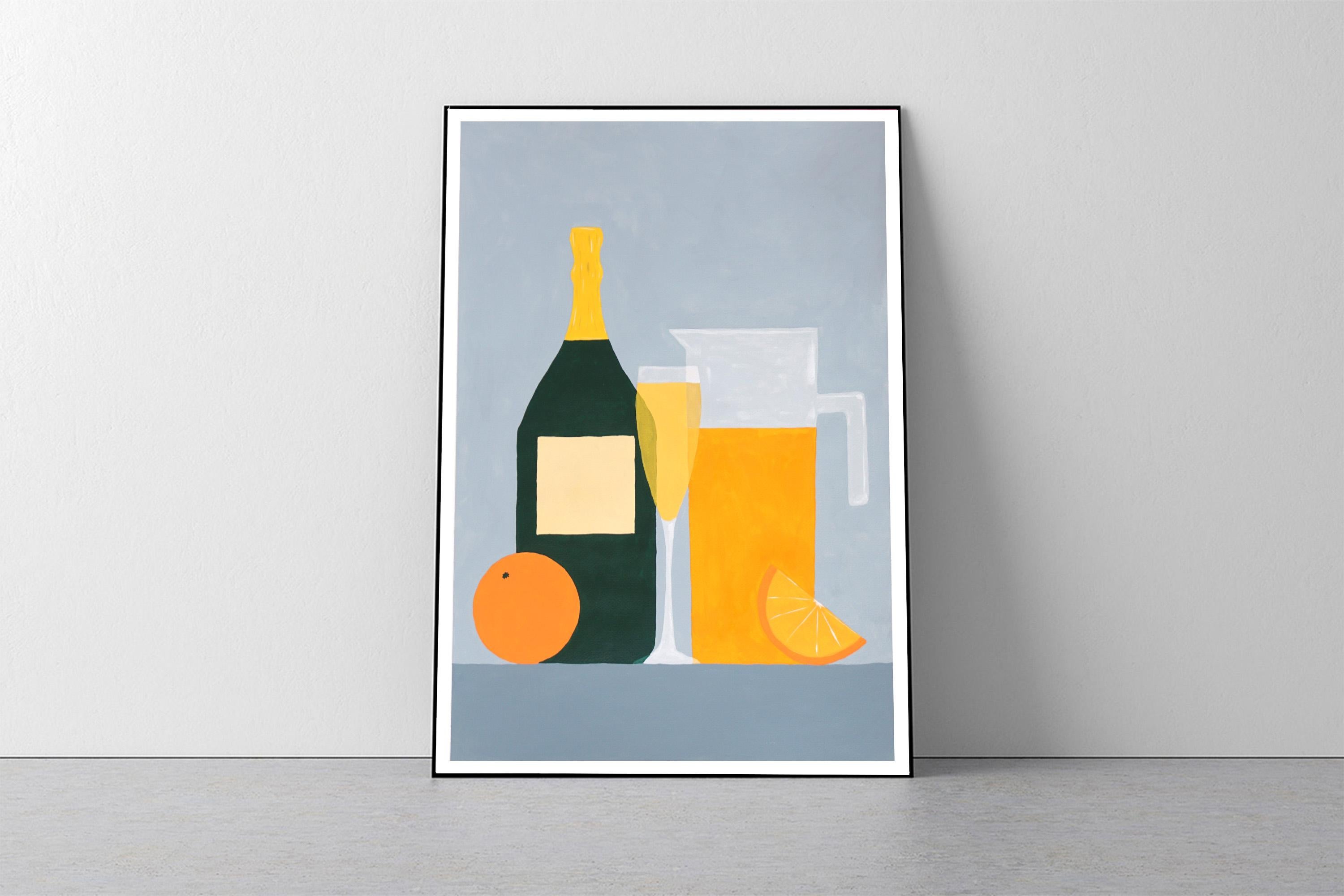 Orange Mimosa, realistisches Stillleben, süßes Getränk, Schiefergrau, Küchenszene  – Painting von Gio Bellagio