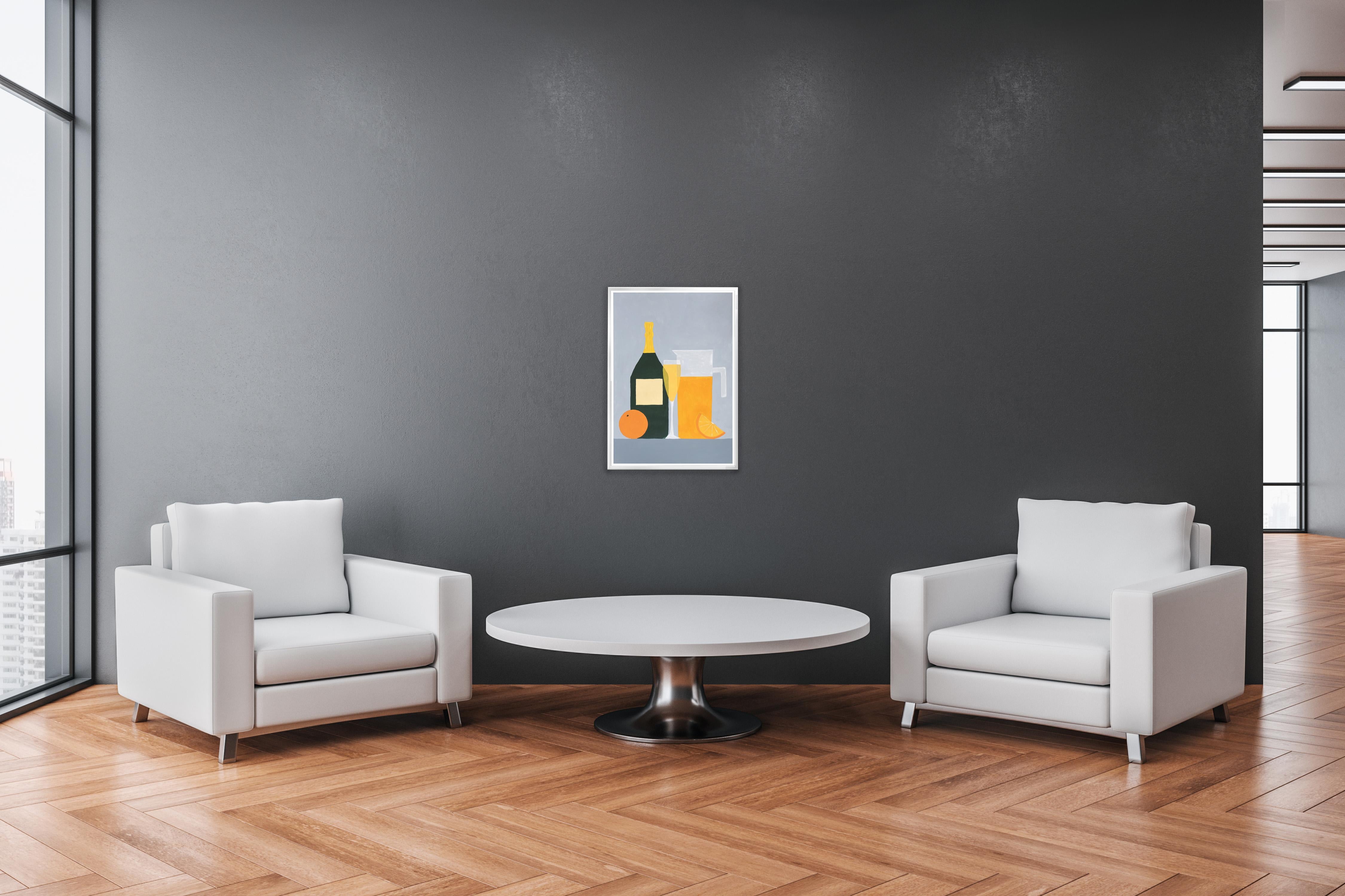 Orange Mimosa, realistisches Stillleben, süßes Getränk, Schiefergrau, Küchenszene  (Realismus), Painting, von Gio Bellagio