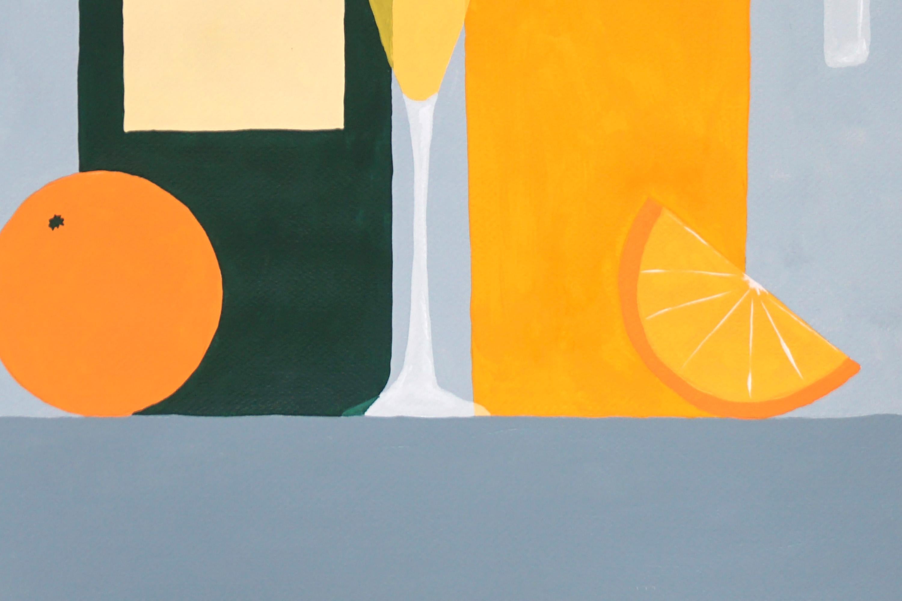 Orange Mimosa, realistisches Stillleben, süßes Getränk, Schiefergrau, Küchenszene  (Grau), Still-Life Painting, von Gio Bellagio