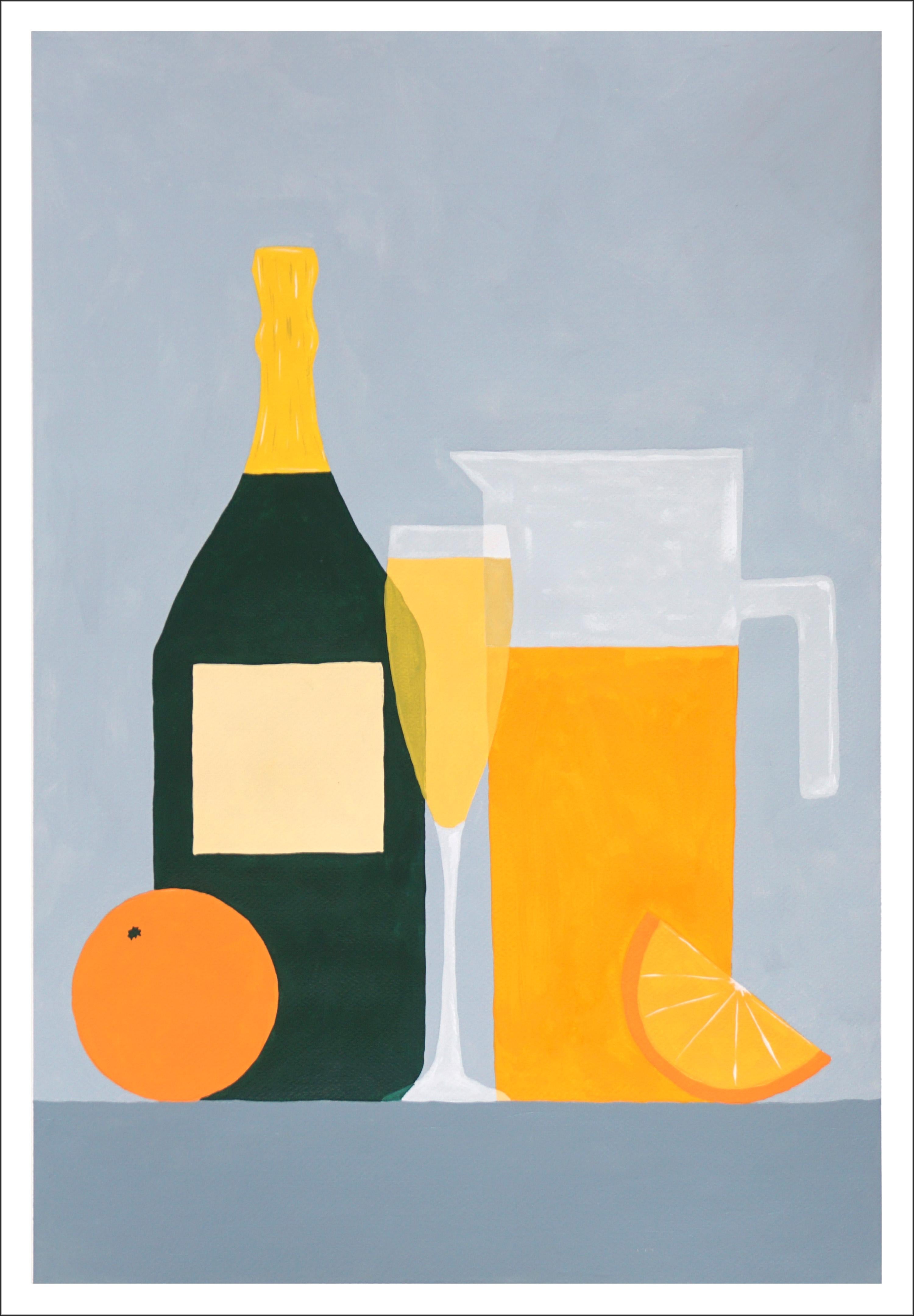 Gio Bellagio Still-Life Painting – Orange Mimosa, realistisches Stillleben, süßes Getränk, Schiefergrau, Küchenszene 