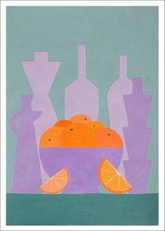 Oranges Bowl with Purple Bottles, Green Background, Modern Still Life with Fruit