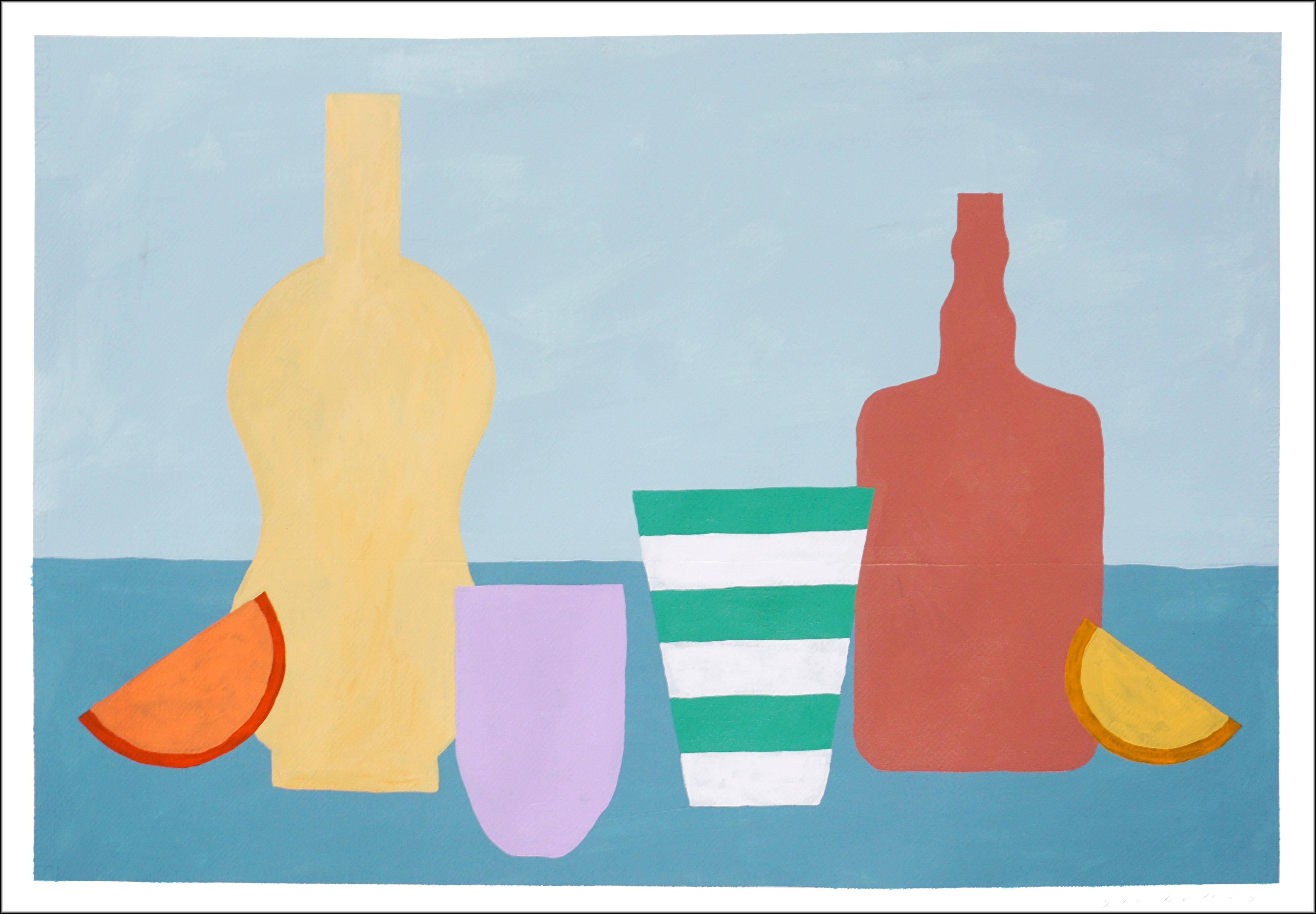 Gio Bellagio Still-Life Painting - Picnic on The Beach, Playful Modern Still-life, Shapes Bottles, Fruit, Baby Blue