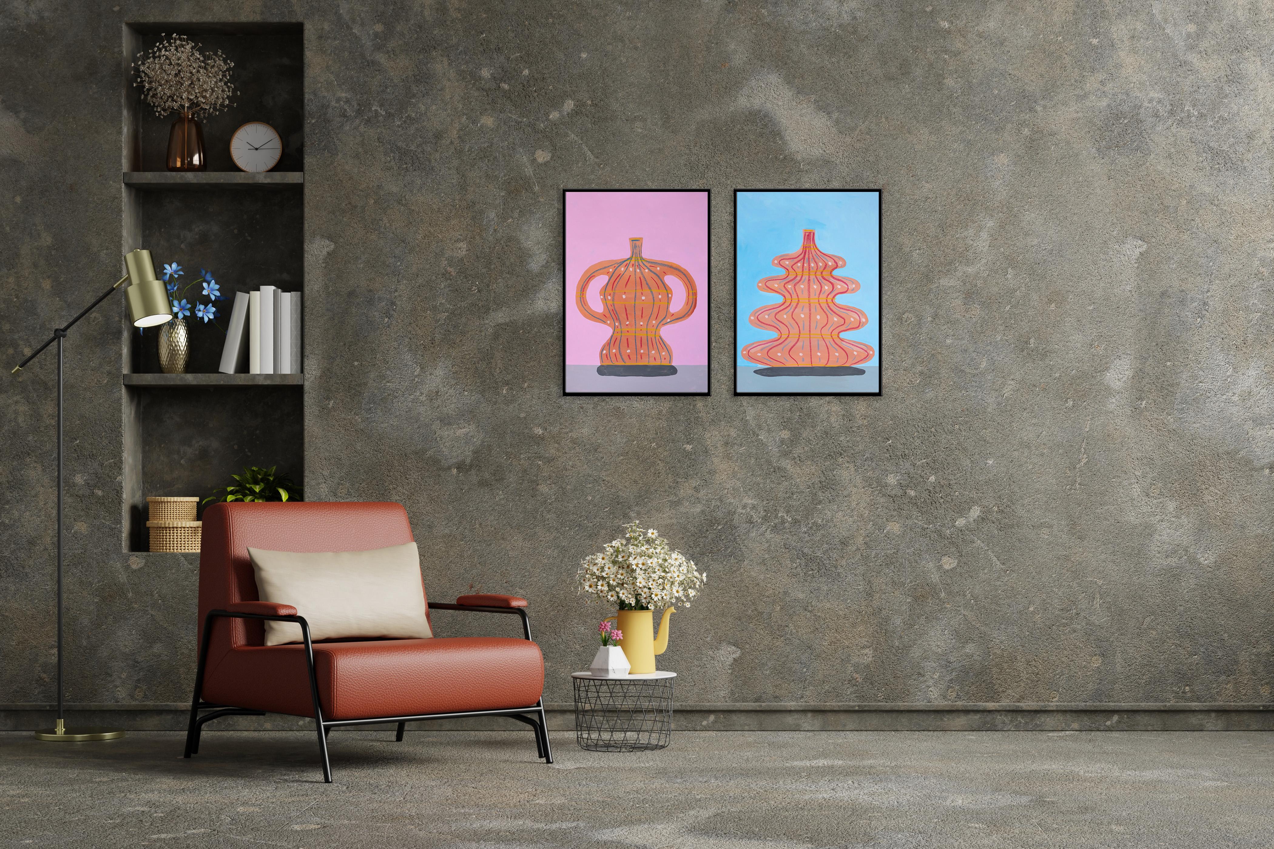 Trofei rosa e blu, Natura morta moderna Dittico di antichi vasi di ceramica, carta - Painting di Gio Bellagio