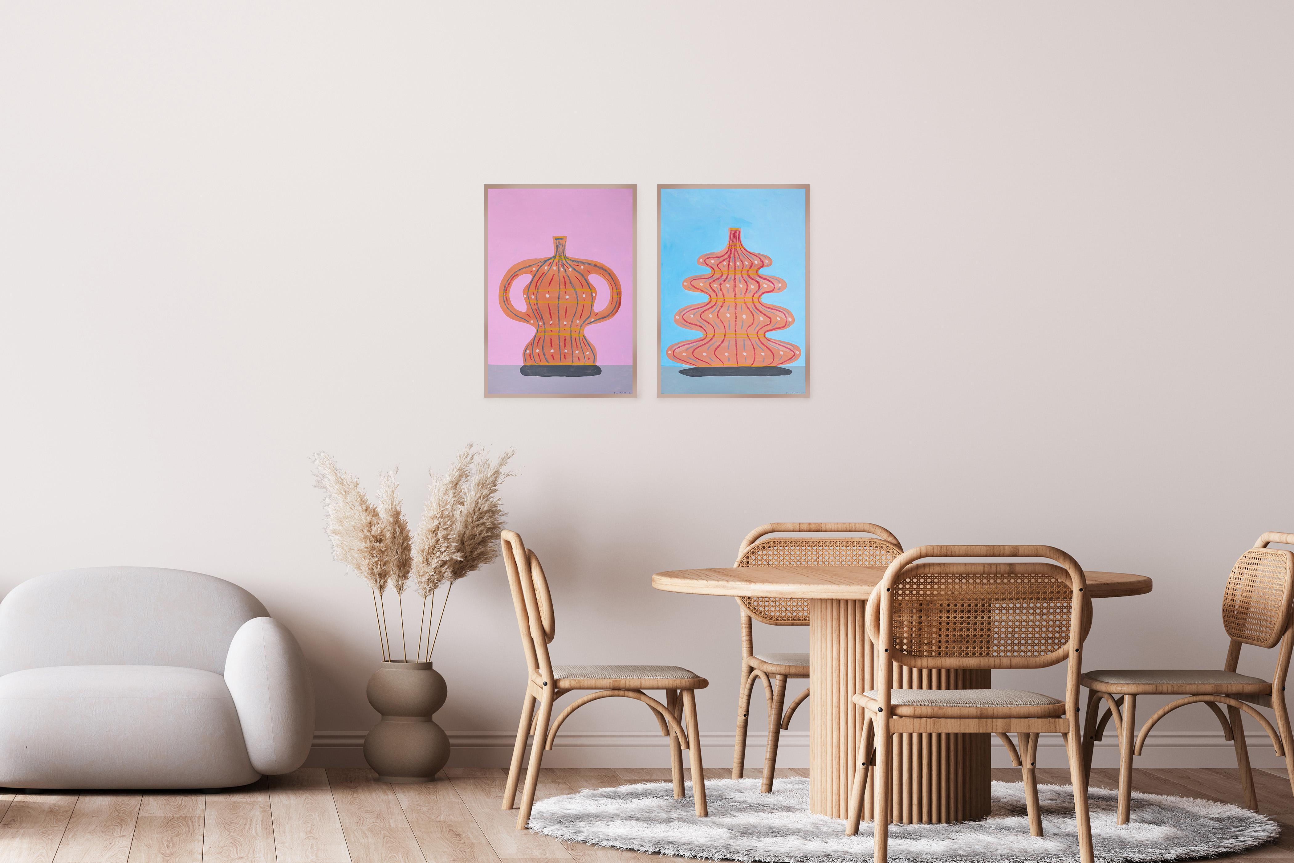 Trofei rosa e blu, Natura morta moderna Dittico di antichi vasi di ceramica, carta - Painting Realismo americano di Gio Bellagio