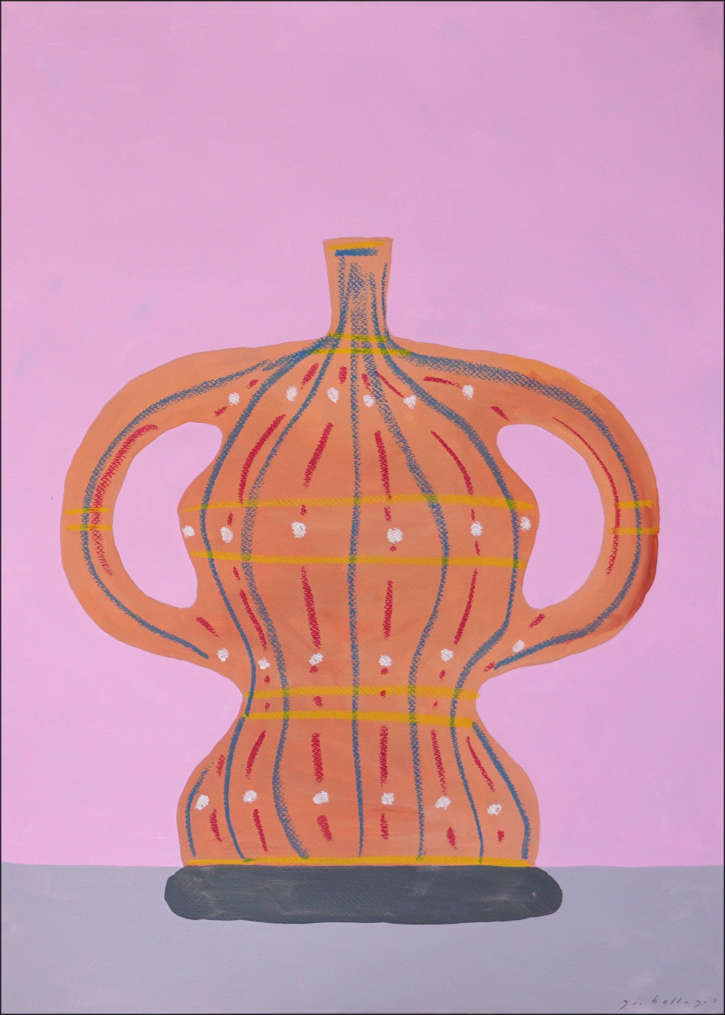 Trofei rosa e blu, Natura morta moderna Dittico di antichi vasi di ceramica, carta - Figurative Painting Viola di Gio Bellagio