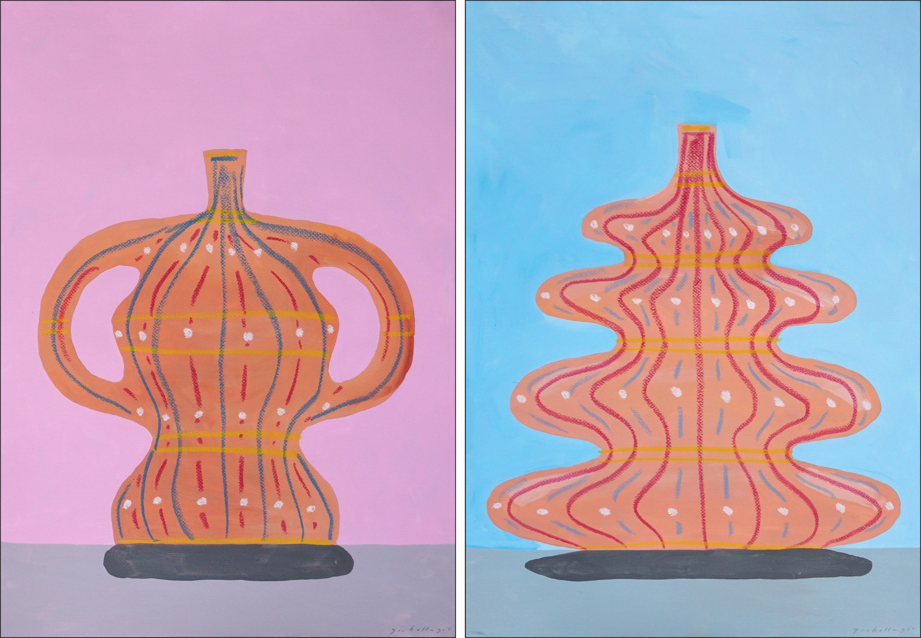 Pink and Blue Trophies, Modern Still Life Diptych of Ancient Ceramic Pots, Paper