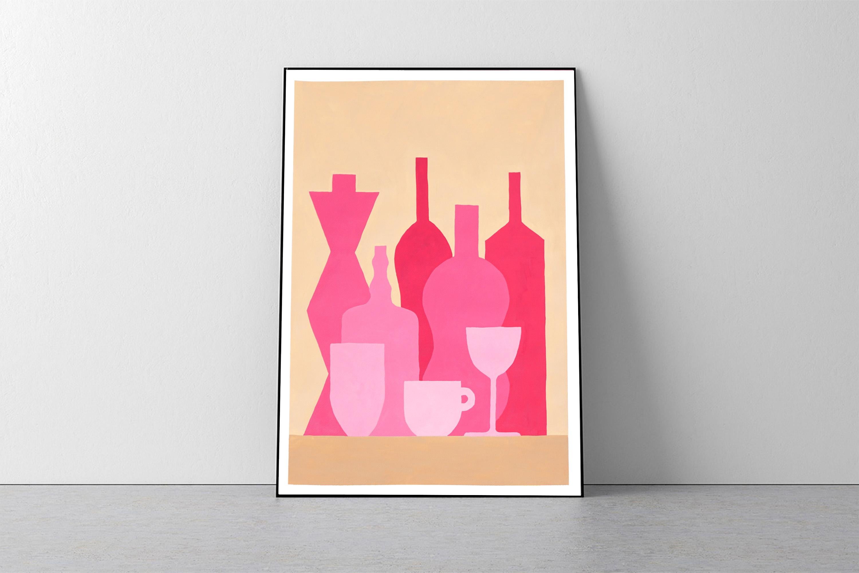 Rosa Flaschen-Vitrinen, modernes Stillleben, Silhouette-Transparenzen mit hellbraunem Hintergrund (Realismus), Painting, von Gio Bellagio