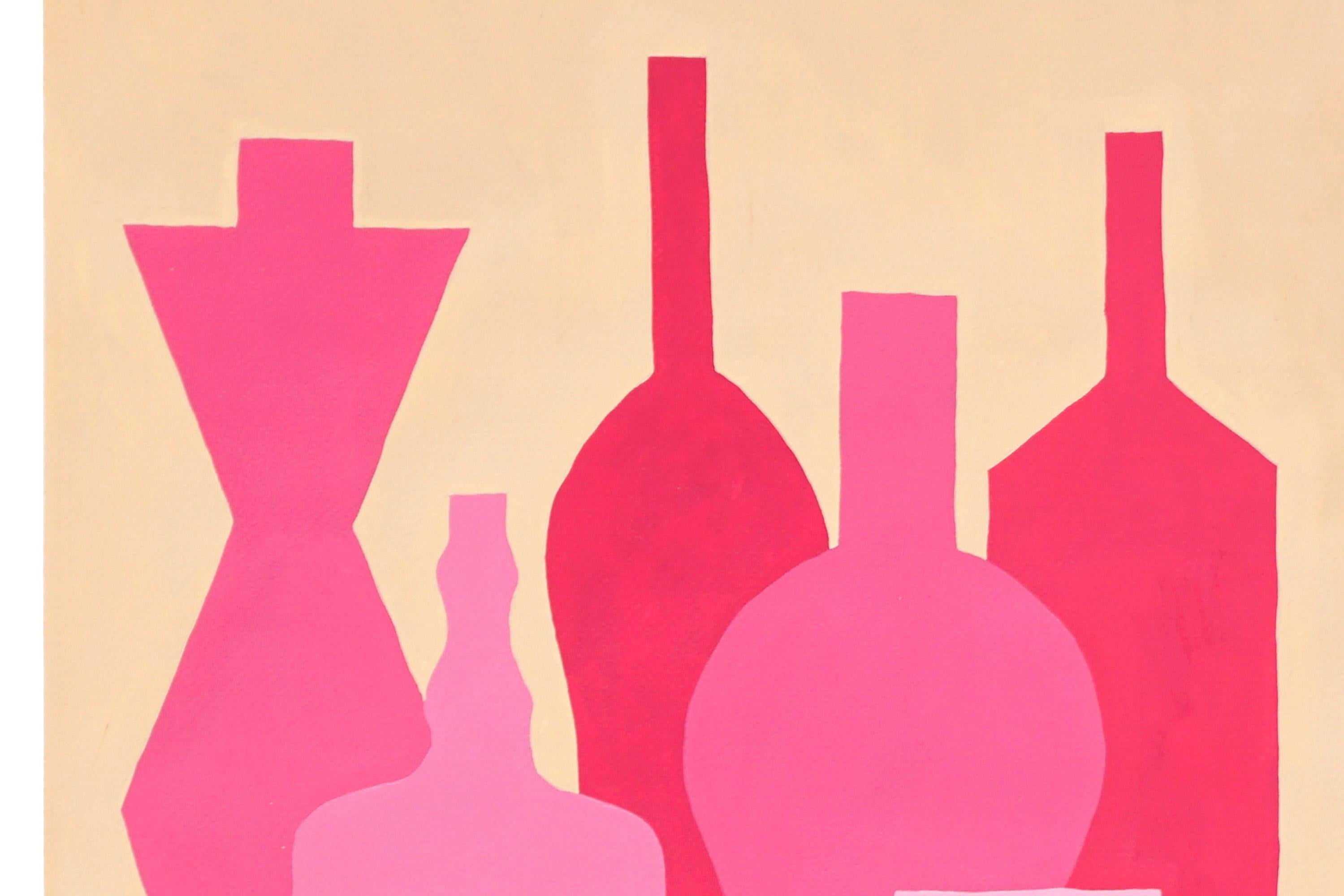 Pink Bottle Display, Modern Still Life, Silhouette Transparencies Tan Background - Beige Still-Life Painting by Gio Bellagio