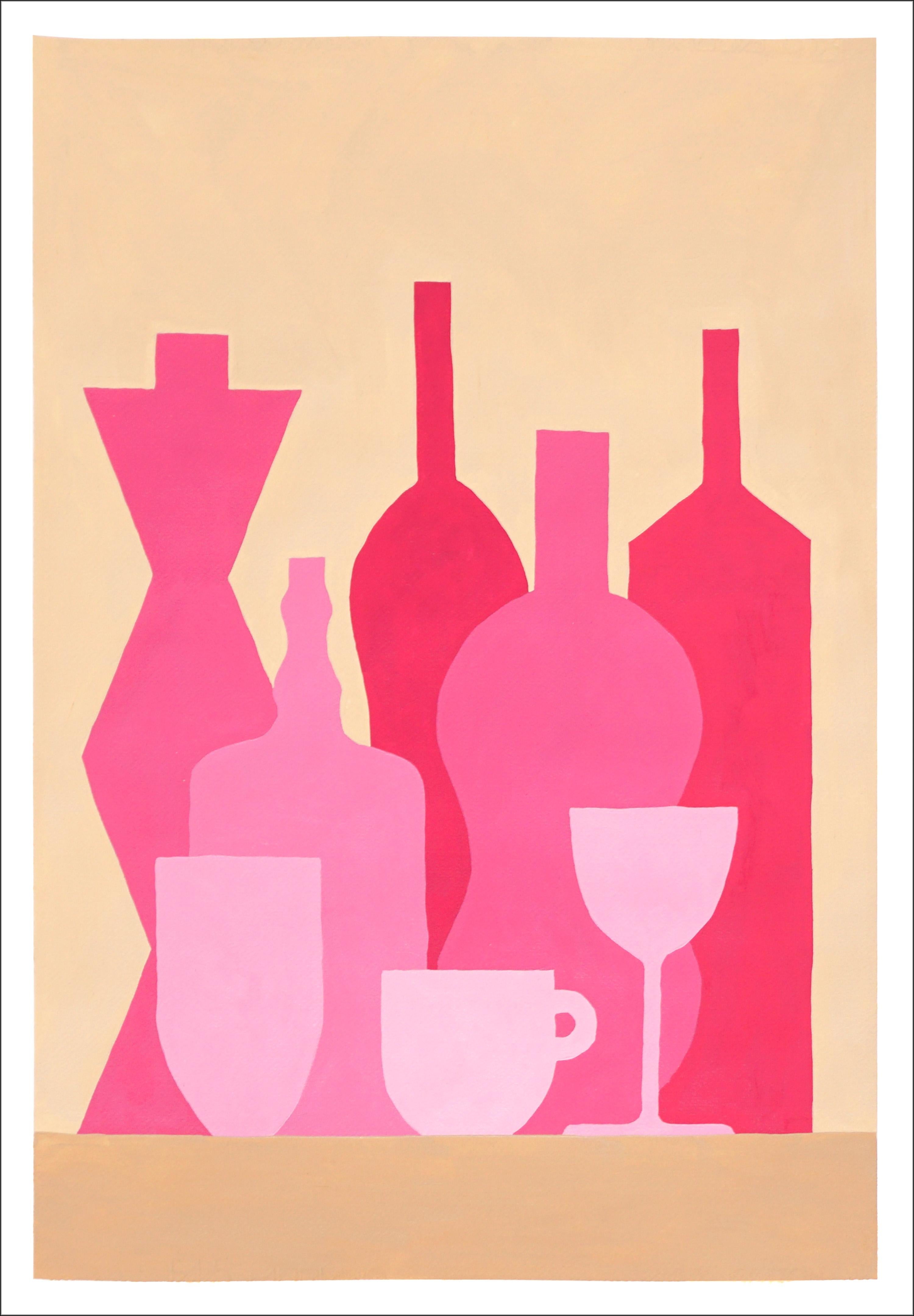Gio Bellagio Still-Life Painting – Rosa Flaschen-Vitrinen, modernes Stillleben, Silhouette-Transparenzen mit hellbraunem Hintergrund