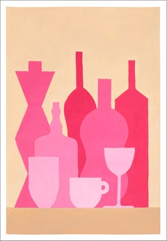 Pink Bottle Display, Modern Still Life, Silhouette Transparencies Tan Background