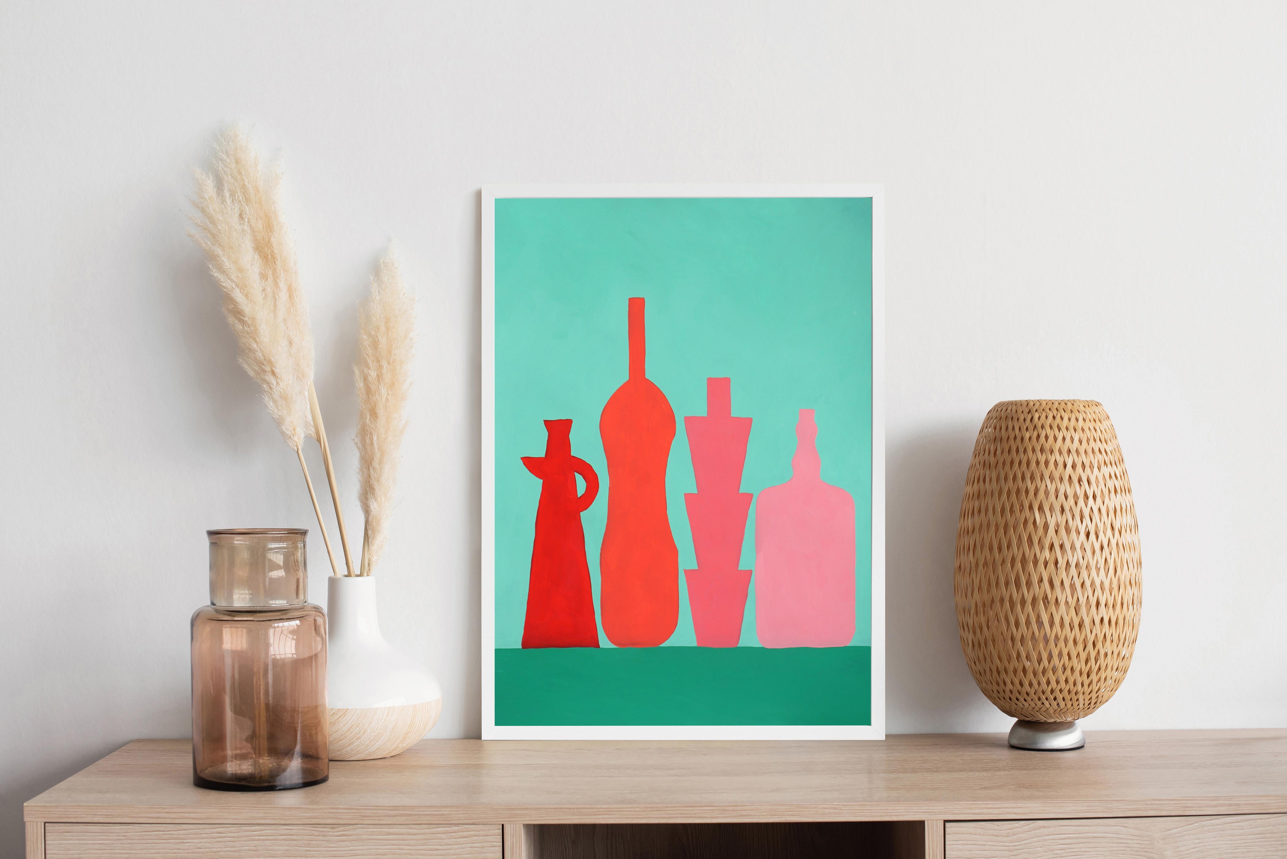 Red Bottles on Green, Modern Still Life, Pink, Kitchenware Display Silhouette  - Painting by Gio Bellagio