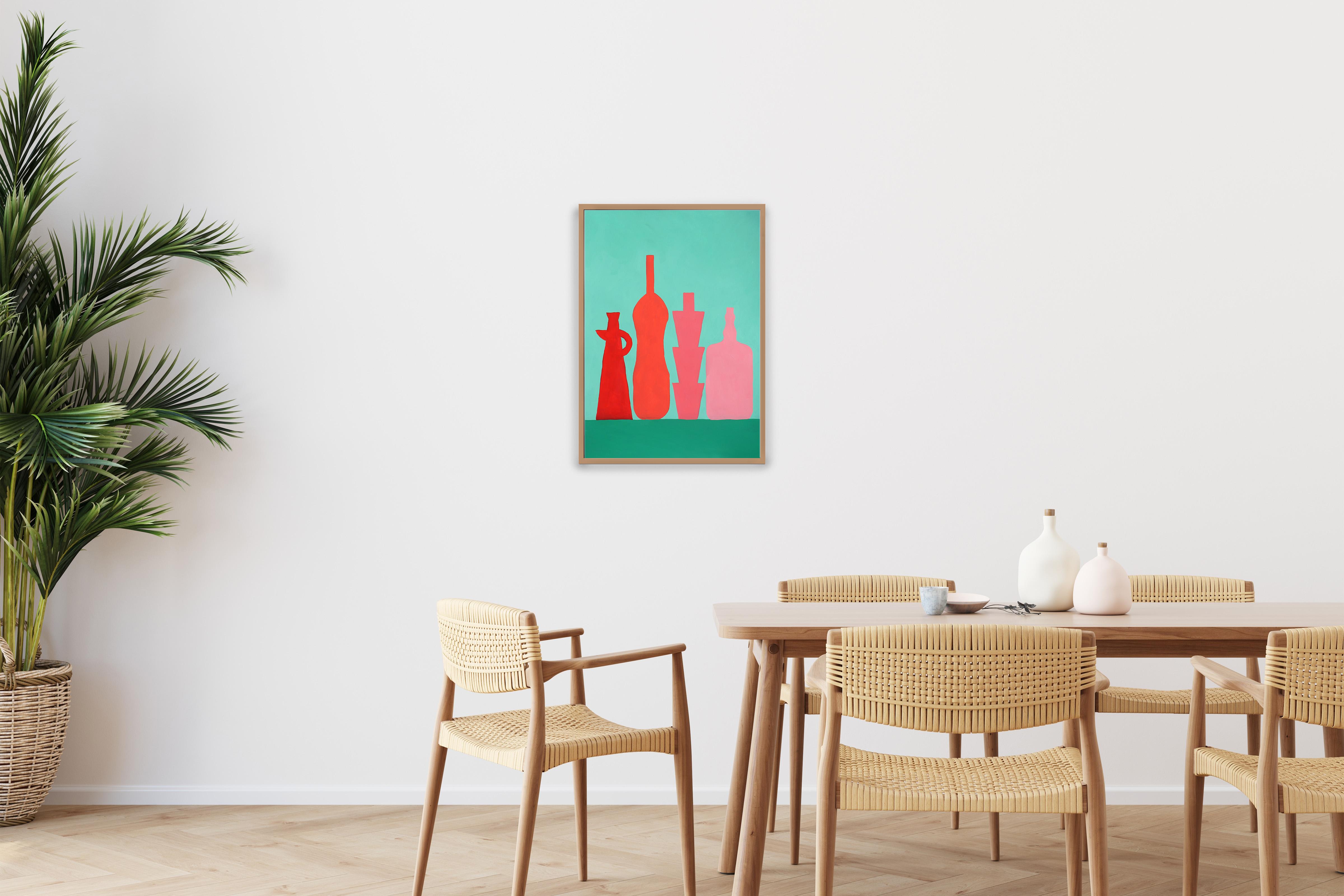 Red Bottles on Green, Modern Still Life, Pink, Kitchenware Display Silhouette  For Sale 2