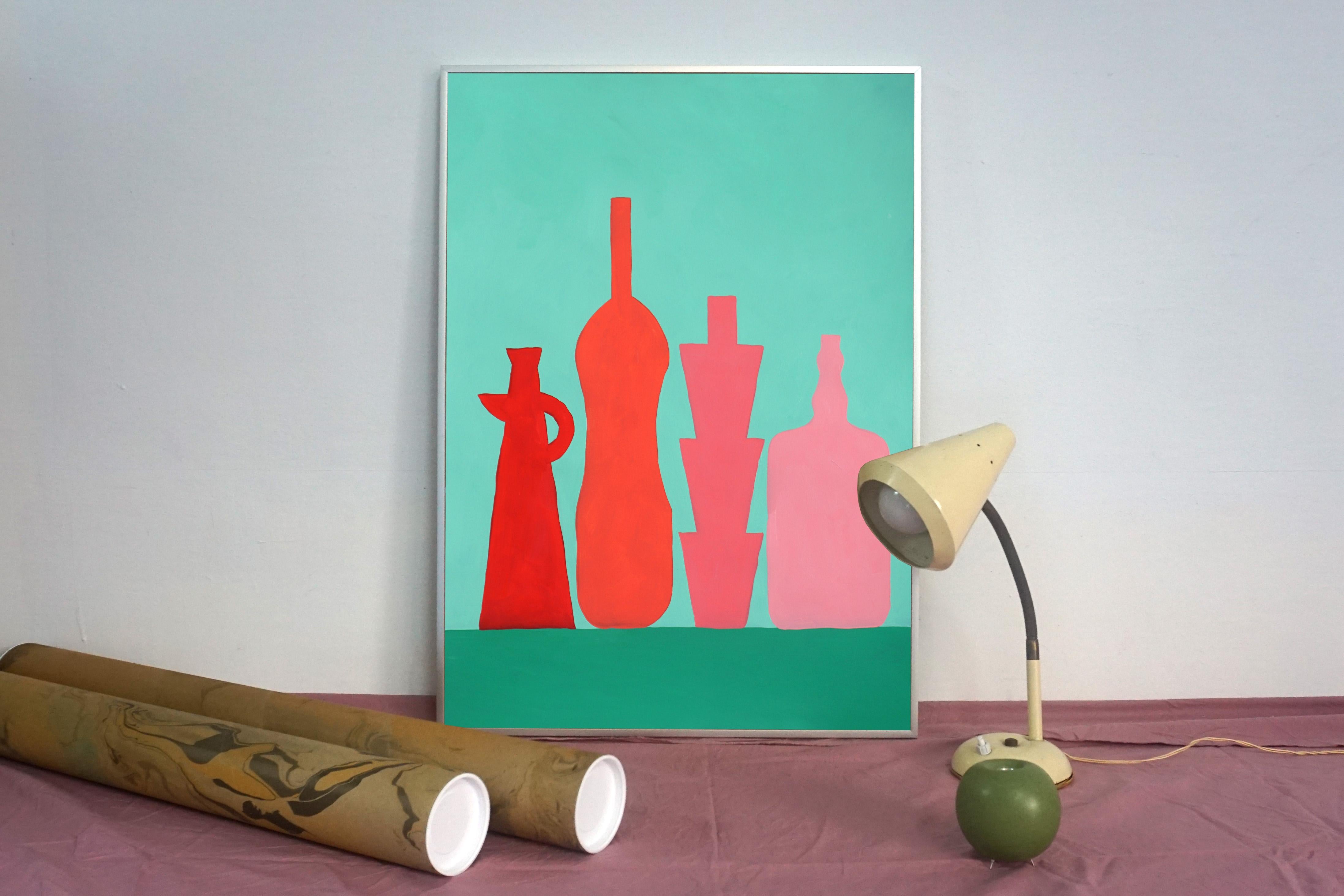 Rote Flaschen auf Grün, modernes Stillleben, Rosa, Küchengeschirr-Silhouette  im Angebot 2