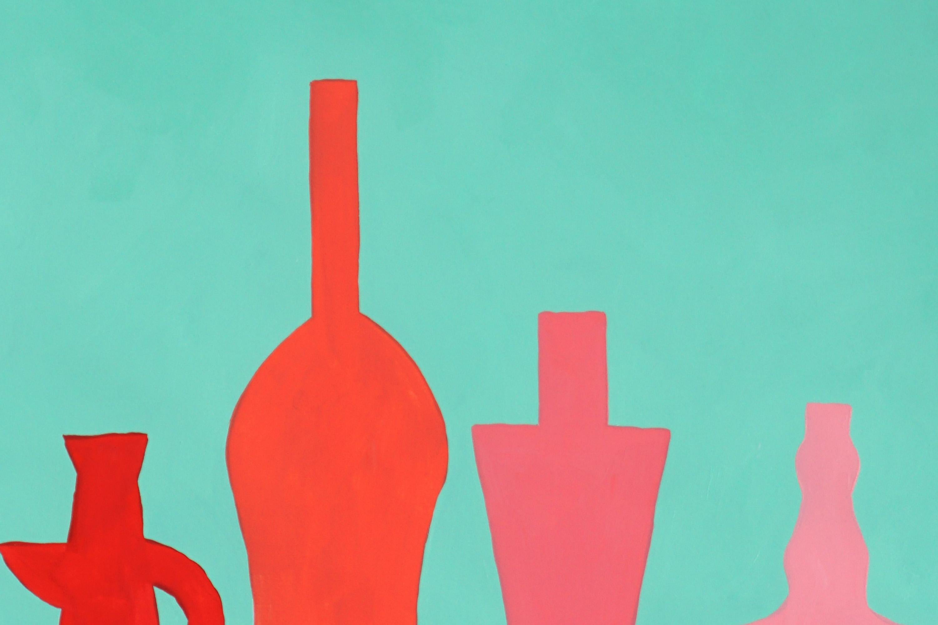 Rote Flaschen auf Grün, modernes Stillleben, Rosa, Küchengeschirr-Silhouette  im Angebot 3
