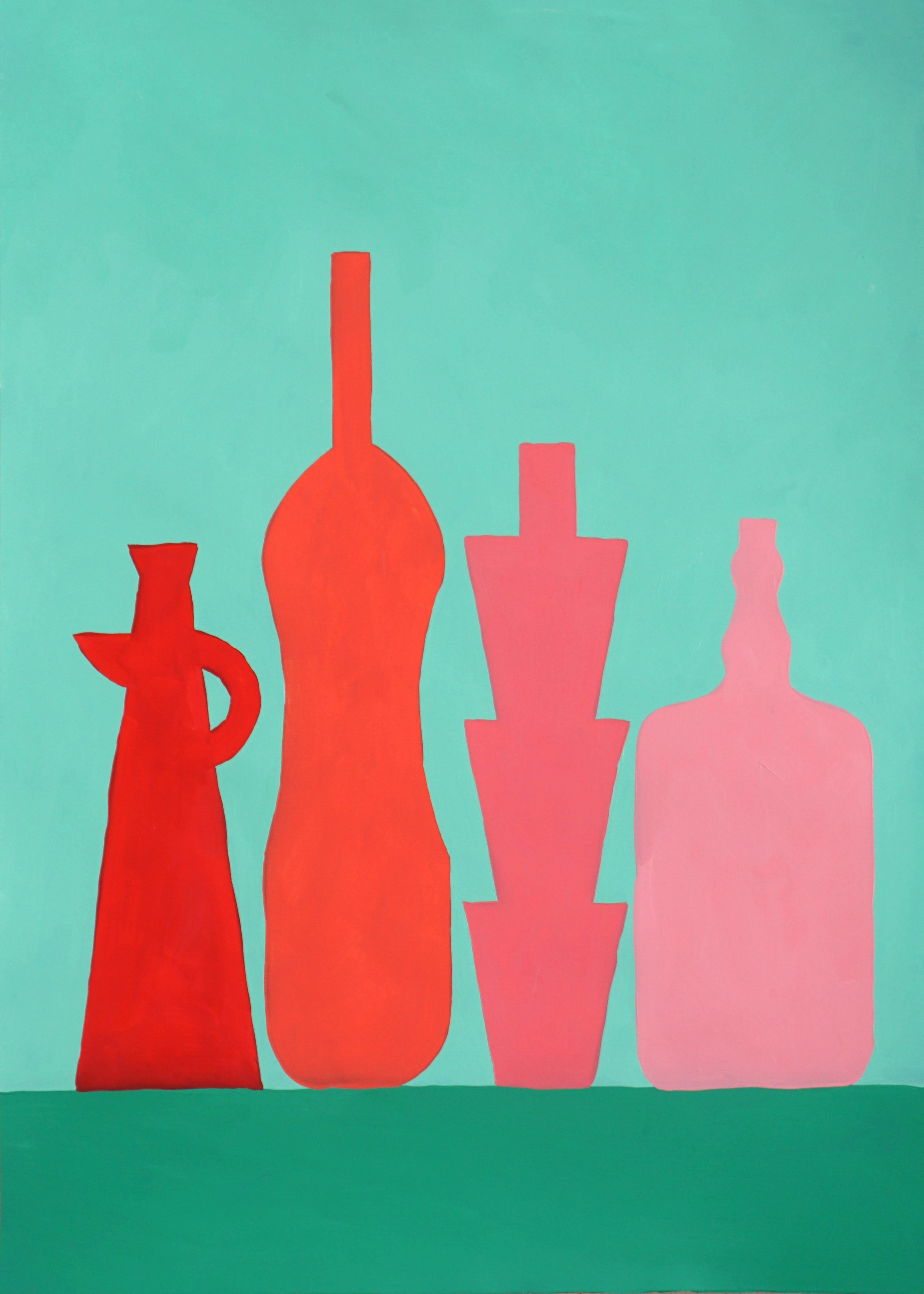 Gio Bellagio Still-Life Painting – Rote Flaschen auf Grün, modernes Stillleben, Rosa, Küchengeschirr-Silhouette 