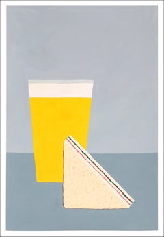 Sandwich with Beer, Nature morte moderne, Scène classique de petit déjeuner jaune et gris