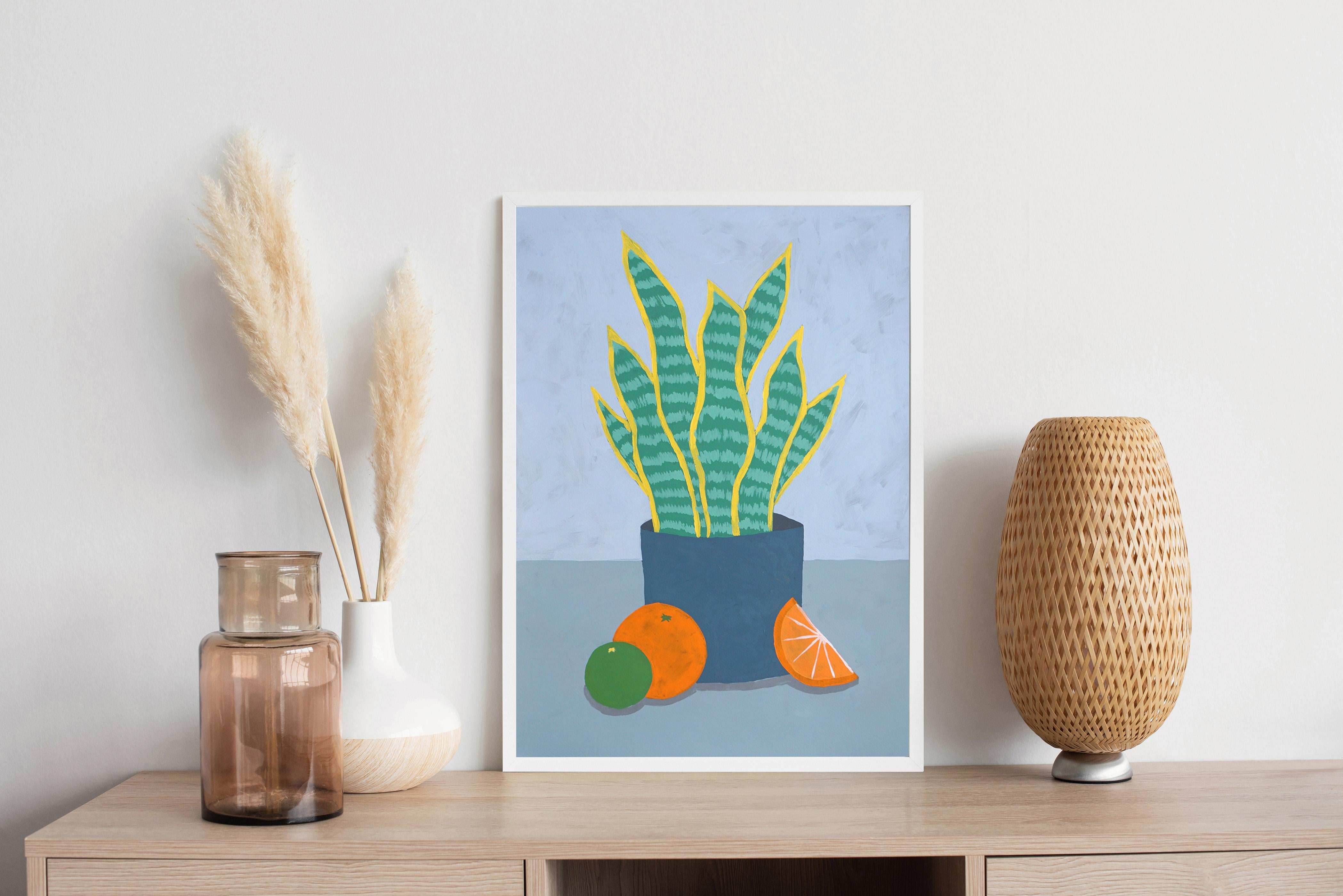 Snake Plant, Home Plant Pot with Oranges, Modern Still Life, Green Leaves, Gray - Painting by Gio Bellagio