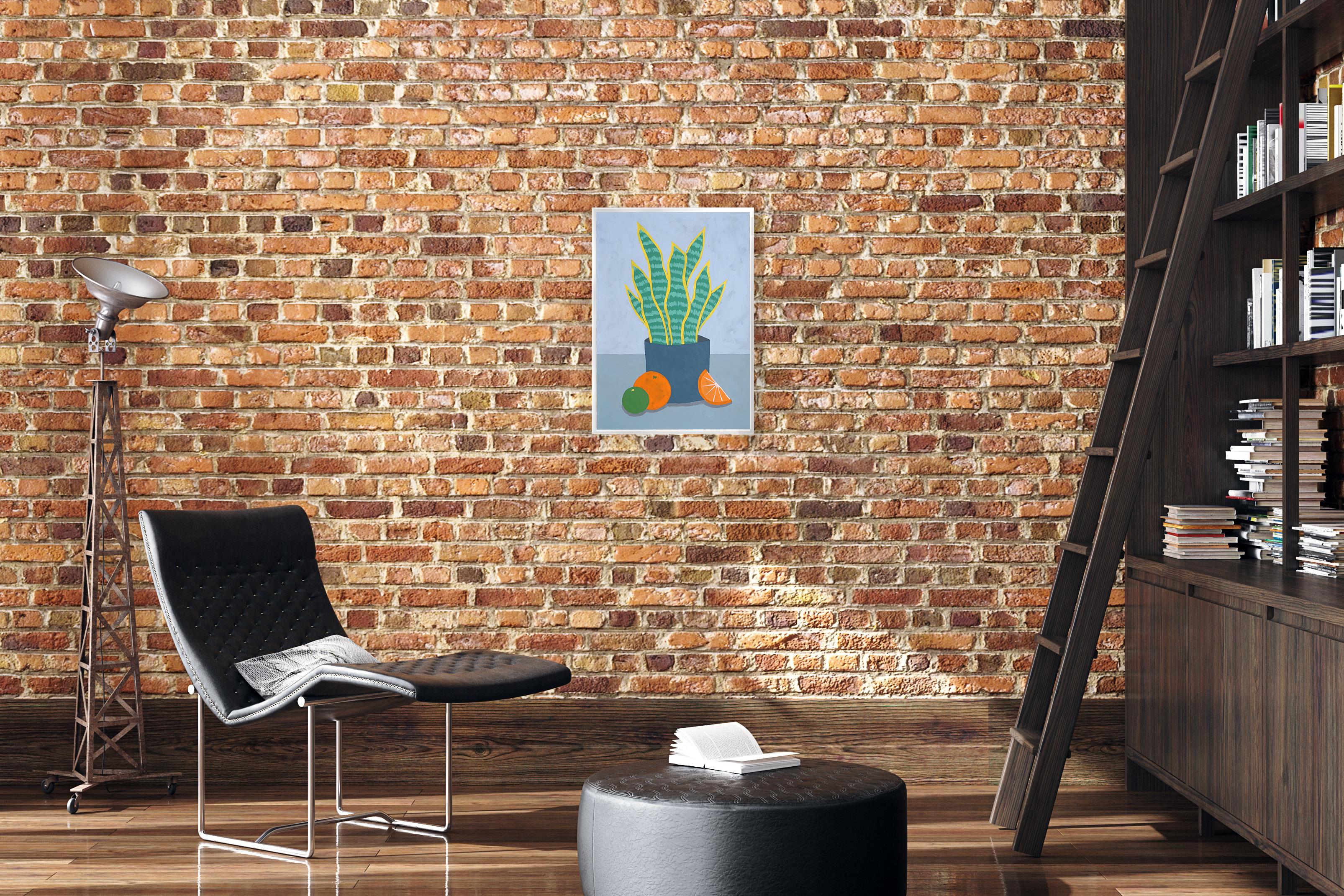 Snake Plant, Home Plant Pot with Oranges, Modern Still Life, Green Leaves, Gray - Realist Painting by Gio Bellagio