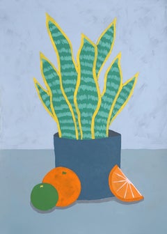 Schlangenpflanzgefäß, Hauspflanzgefäß mit Orange, modernes Stillleben, grüne Blätter, grau