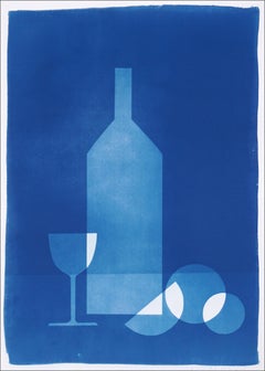 Still Life in Blue Tones, Figurative Monotype of Bottle and Oranges on Paper  