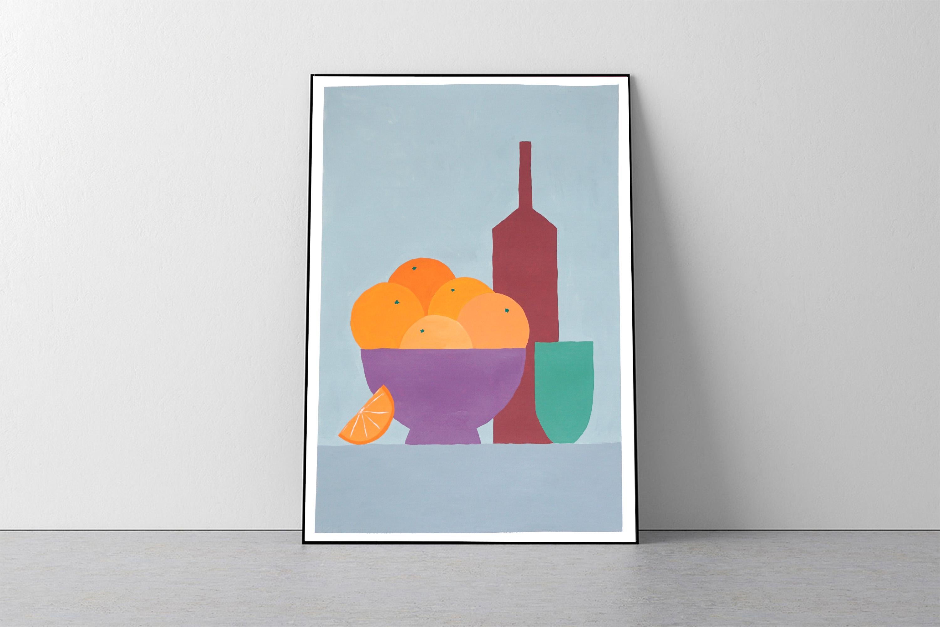 Bodegón cuenco naranja, escena de cocina moderna, frutas y bebidas, marrón y gris - Painting de Gio Bellagio