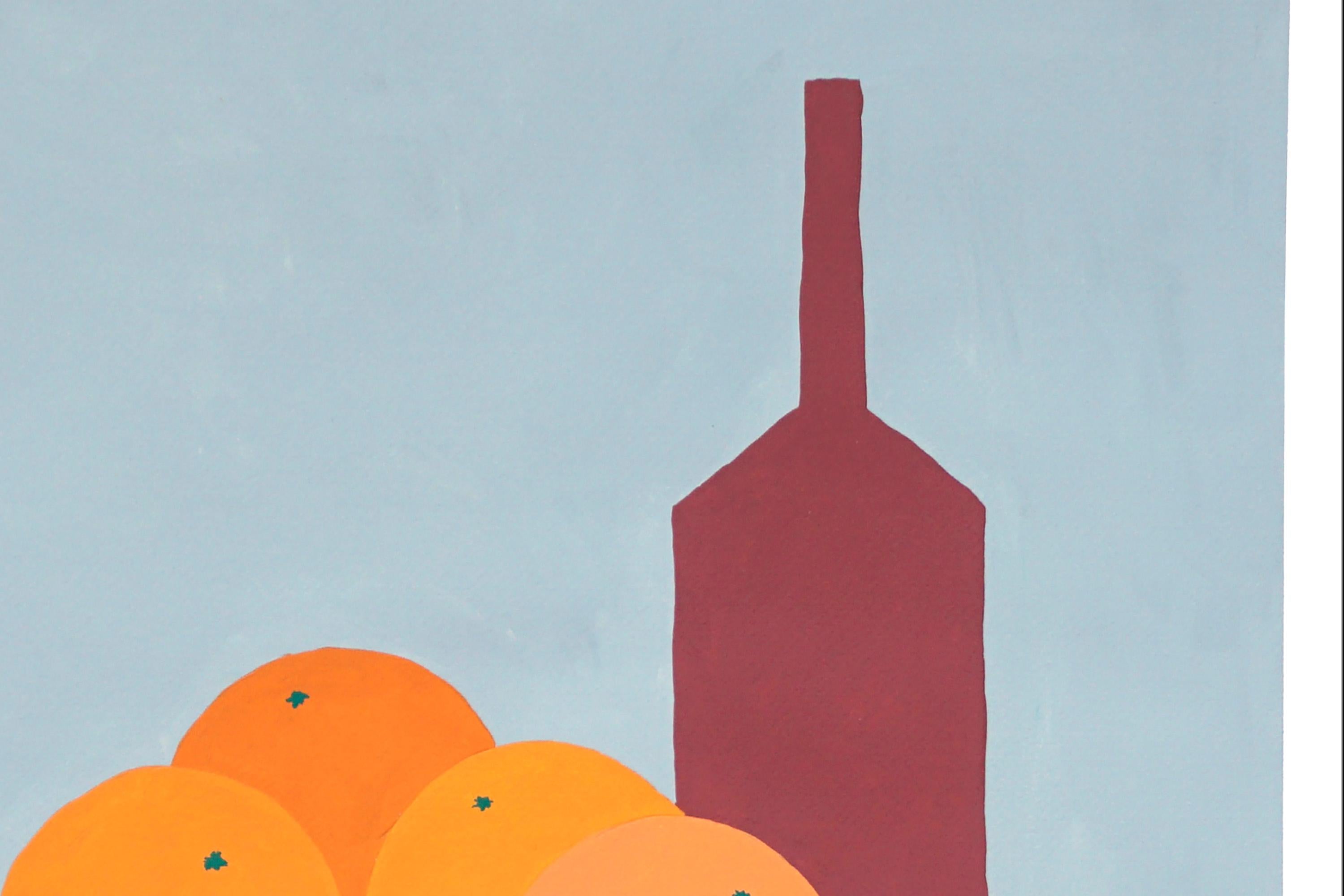 Nature morte orange, scène de cuisine moderne, fruits et boissons, marron et gris  en vente 1