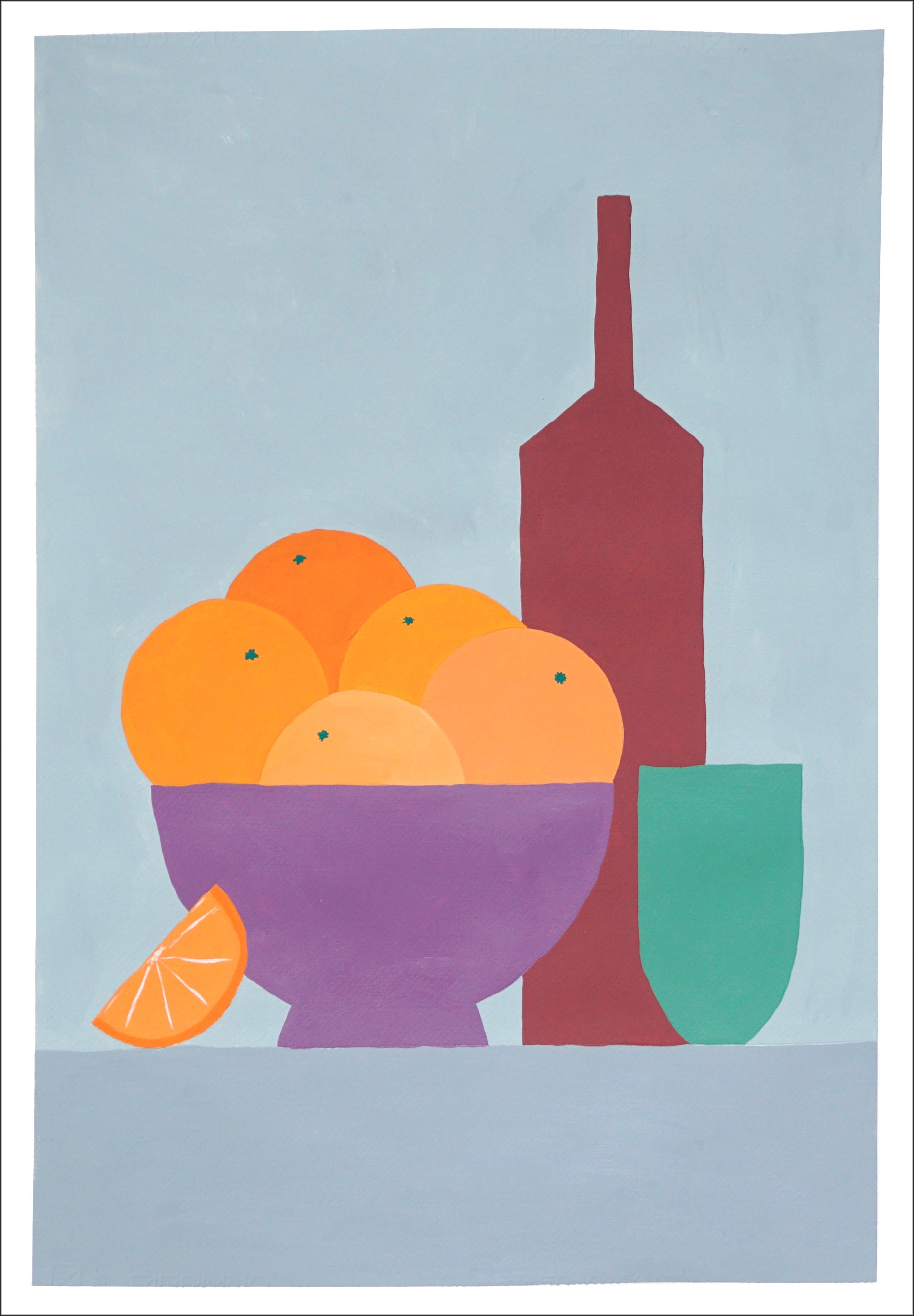Gio Bellagio Still-Life Painting - Still Life Orange Bowl, Modern Kitchen Scene, Fruits and Beverage, Brown & Gray 