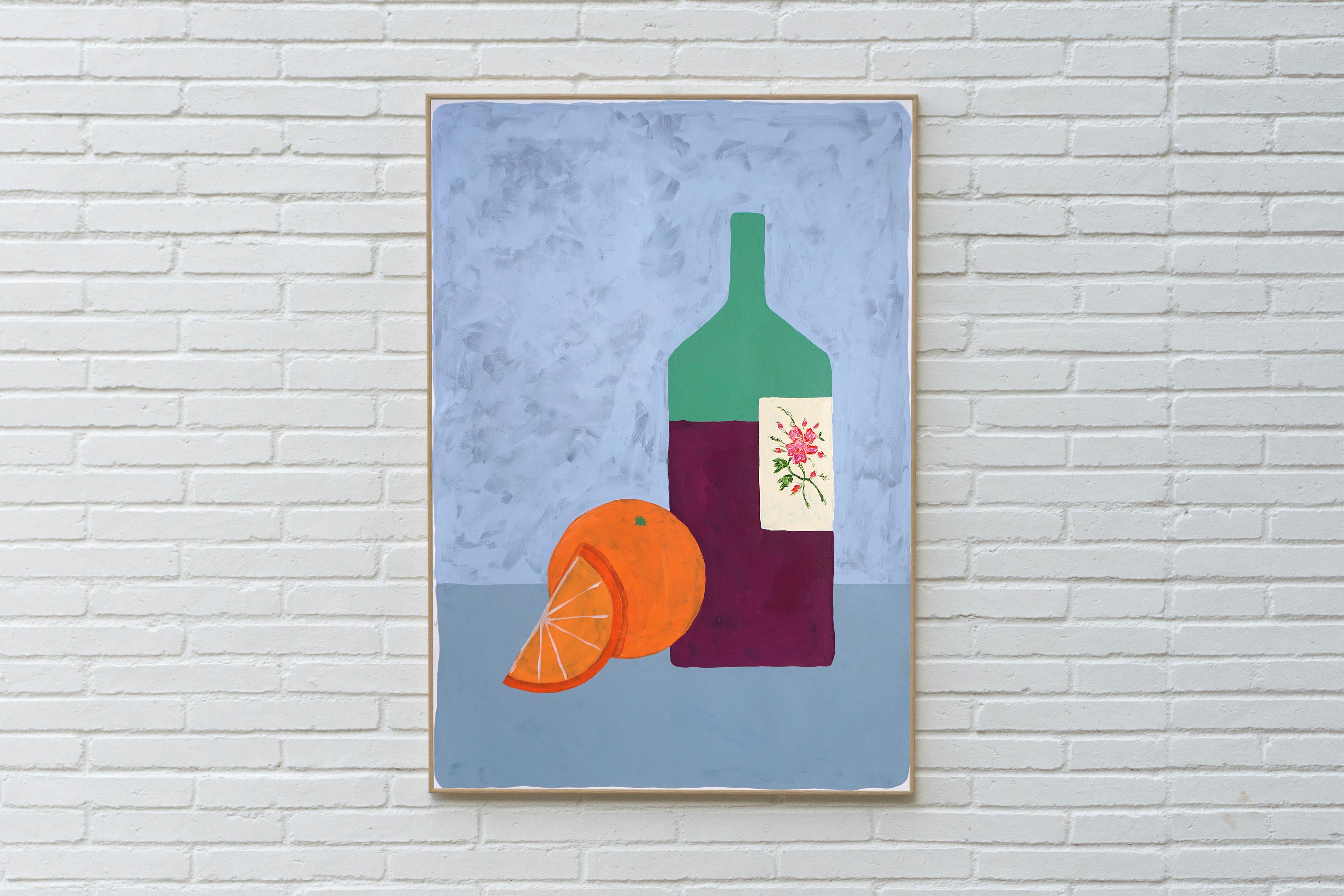Summer Wine, Italian Modern Still Life Painting, Wine Bottle and Orange Fruit  - Blue Still-Life Painting by Gio Bellagio
