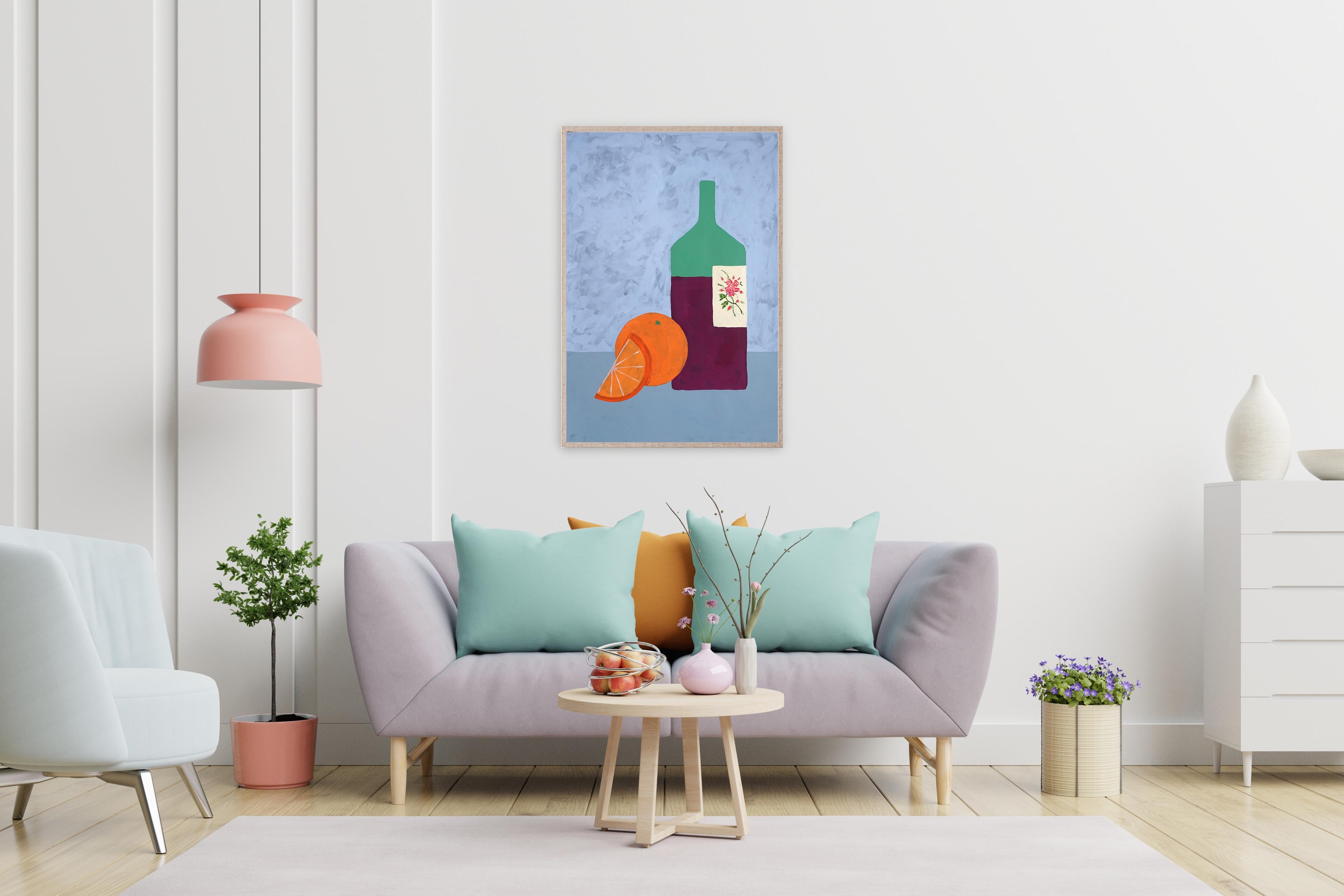 Summer Wine, Italian Modern Still Life Painting, Wine Bottle and Orange Fruit  1