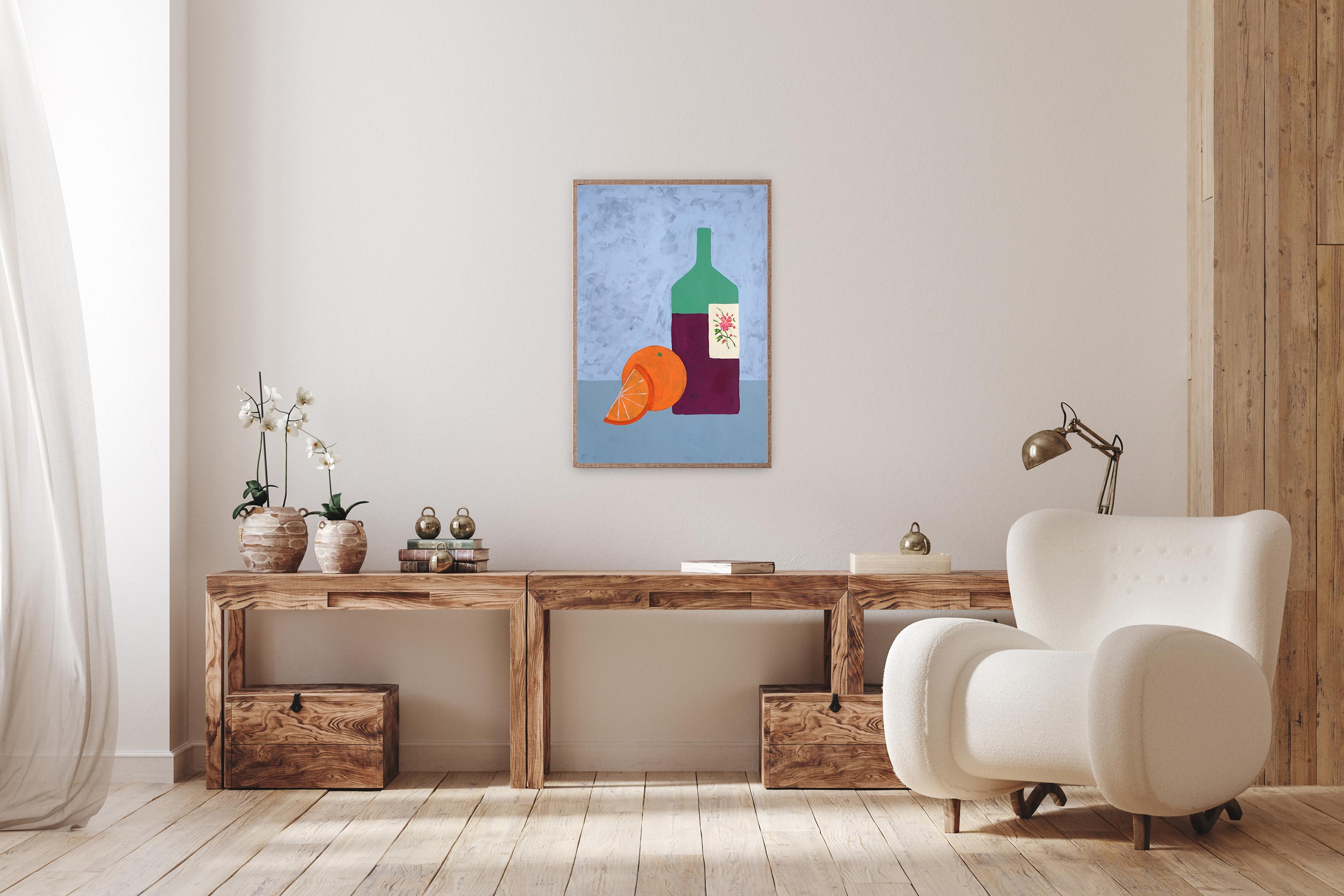 Summer Wine, Italian Modern Still Life Painting, Wine Bottle and Orange Fruit  2