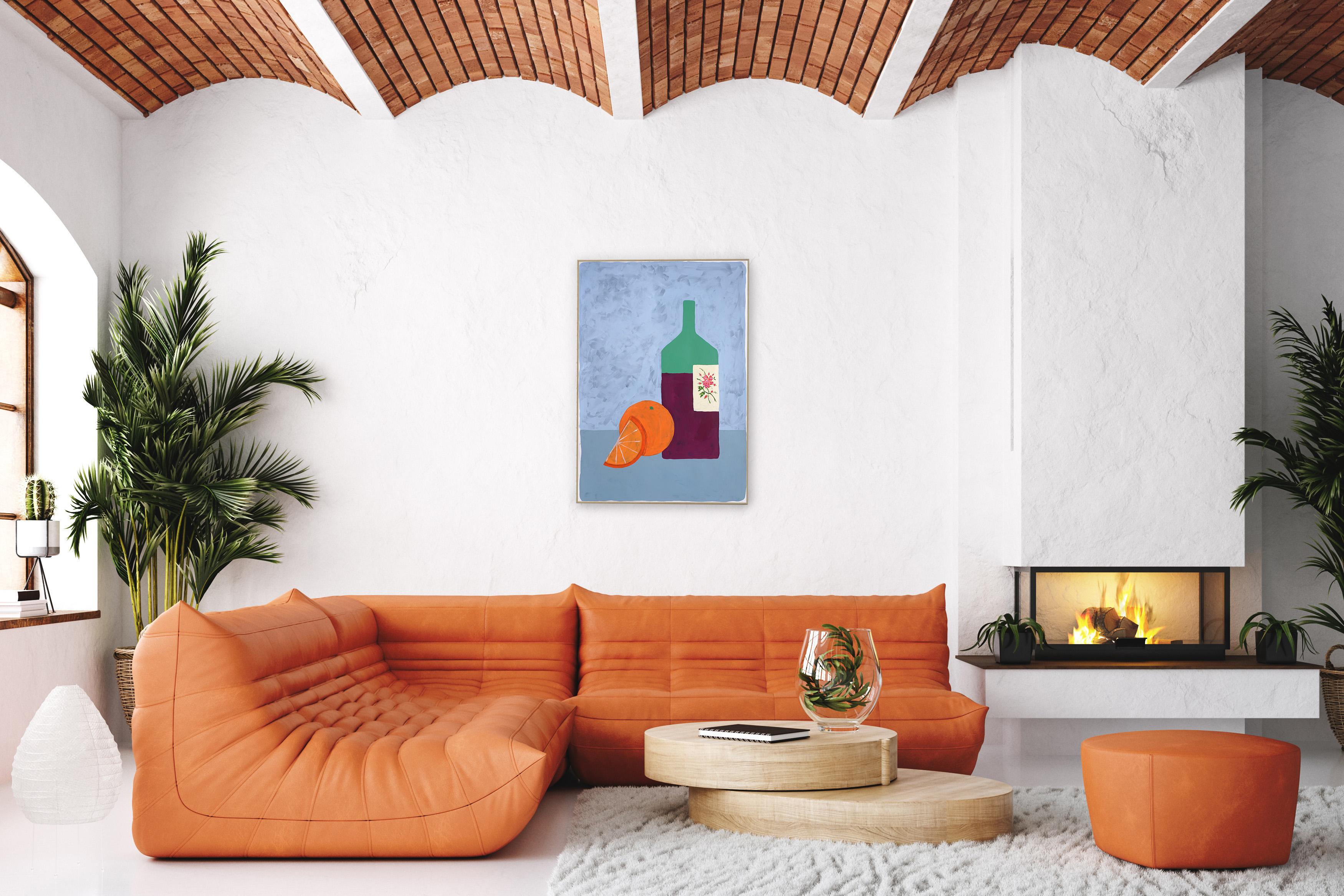 Summer Wine, Italian Modern Still Life Painting, Wine Bottle and Orange Fruit  3