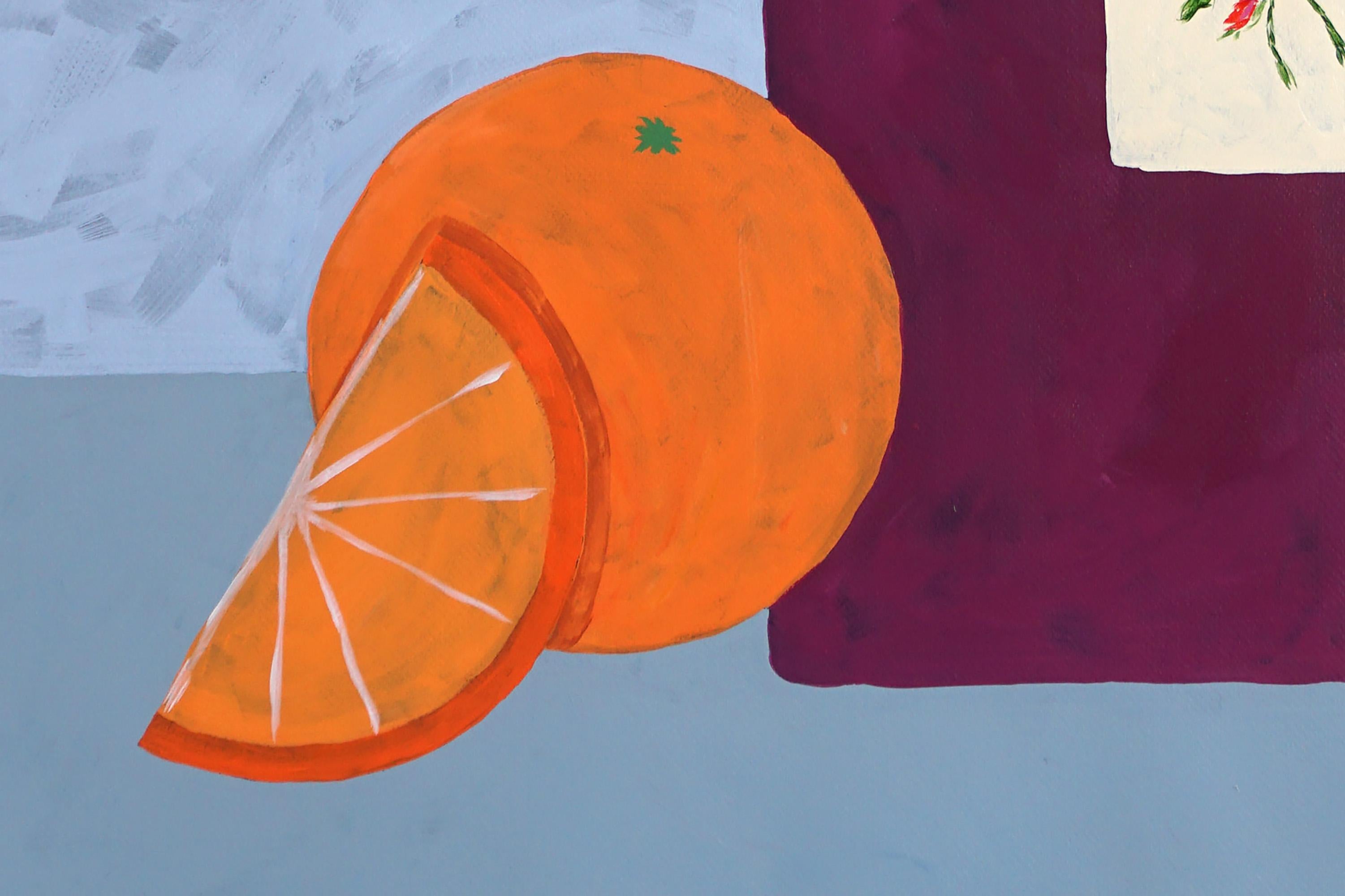 Summer Wine, Italian Modern Still Life Painting, Wine Bottle and Orange Fruit  4