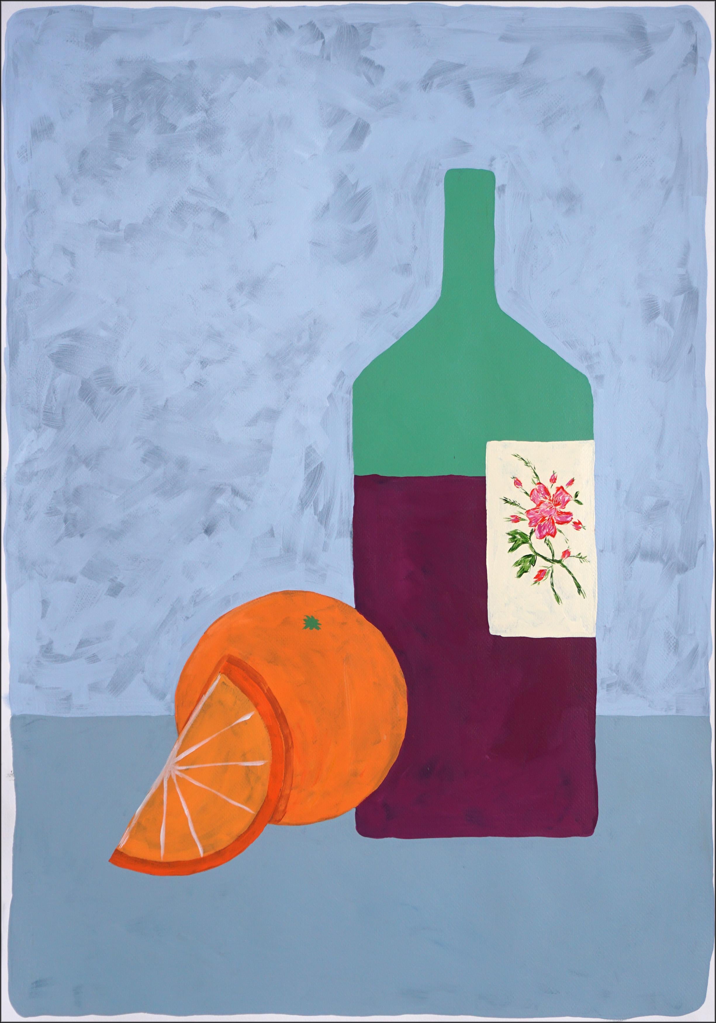 Gio Bellagio Still-Life Painting - Summer Wine, Italian Modern Still Life Painting, Wine Bottle and Orange Fruit 