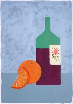 Summer Wine, Italian Modern Still Life Painting, Wine Bottle and Orange Fruit 