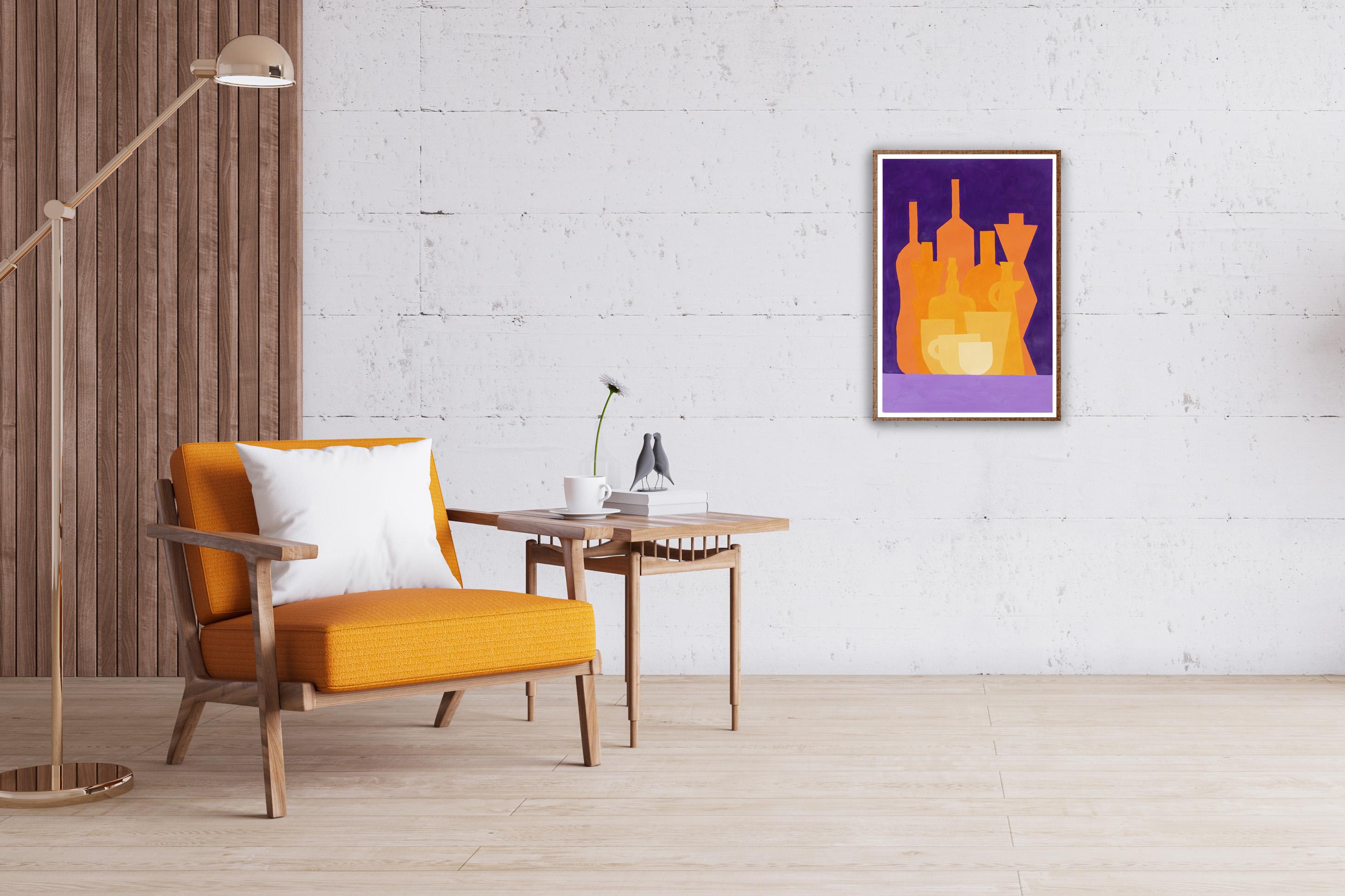 Sonnenuntergangflaschen-Kollektion, vertikales Gemälde Stillleben, orangefarbenes Display auf Papier – Painting von Gio Bellagio