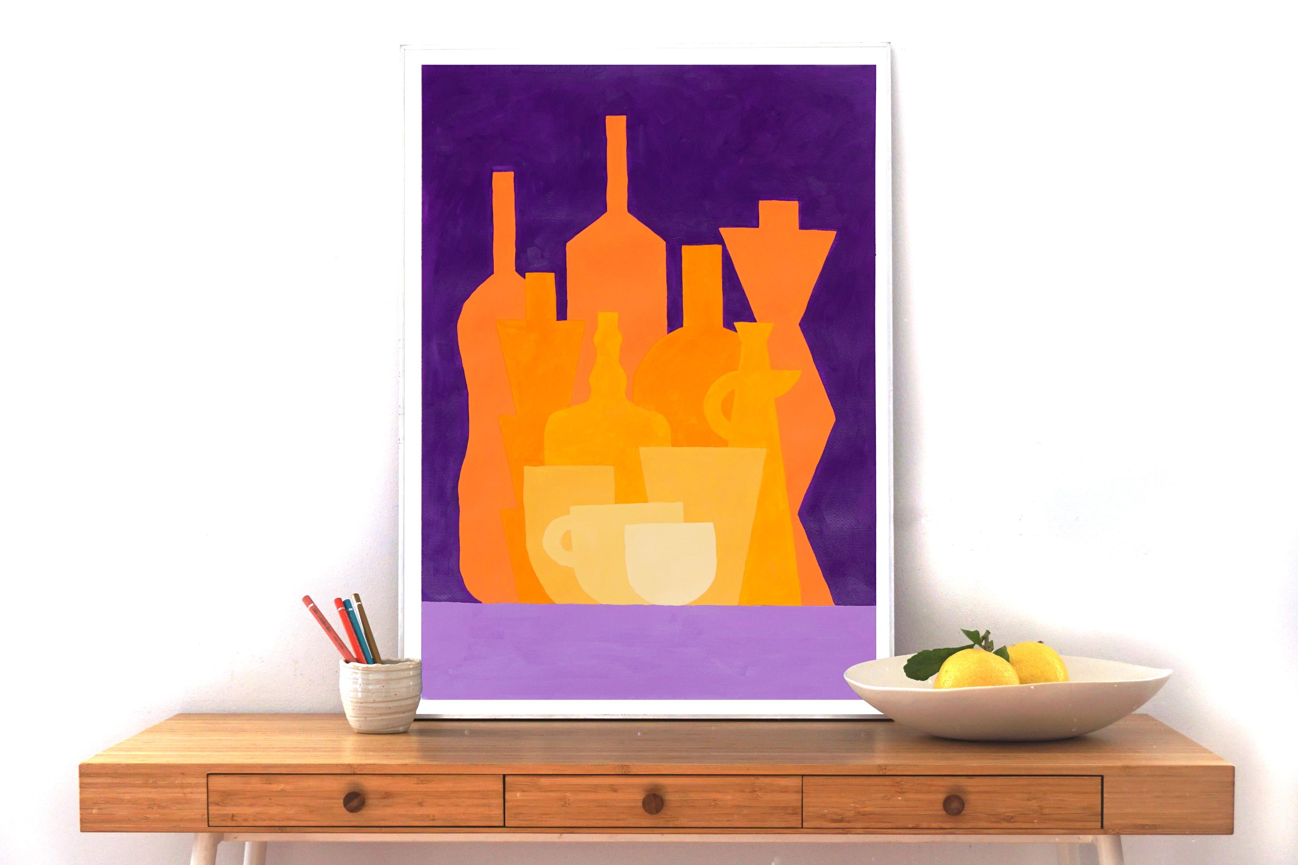 Sonnenuntergangflaschen-Kollektion, vertikales Stillleben, orangefarbener Vitrinentischware (Realismus), Painting, von Gio Bellagio