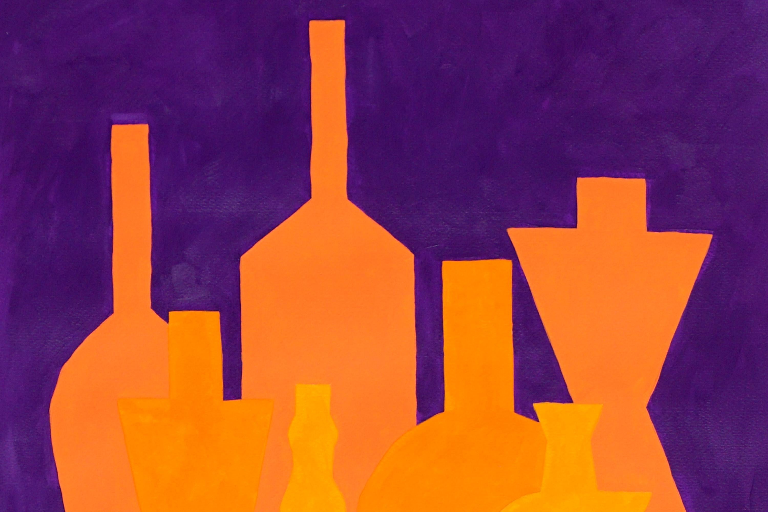 Sonnenuntergangflaschen-Kollektion, vertikales Stillleben, orangefarbener Vitrinentischware im Angebot 2