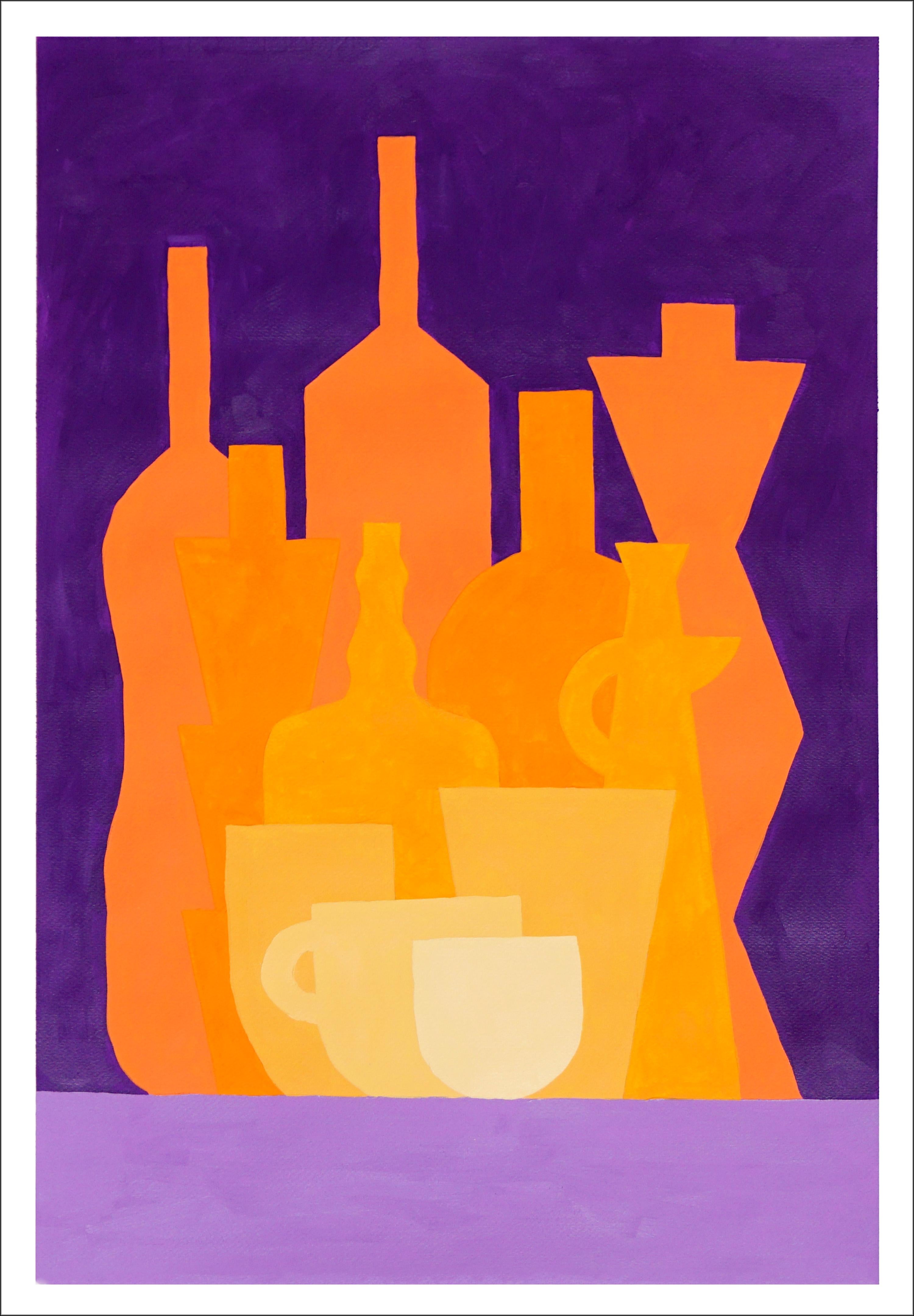 Sonnenuntergangflaschen-Kollektion, vertikales Stillleben, orangefarbener Vitrinentischware