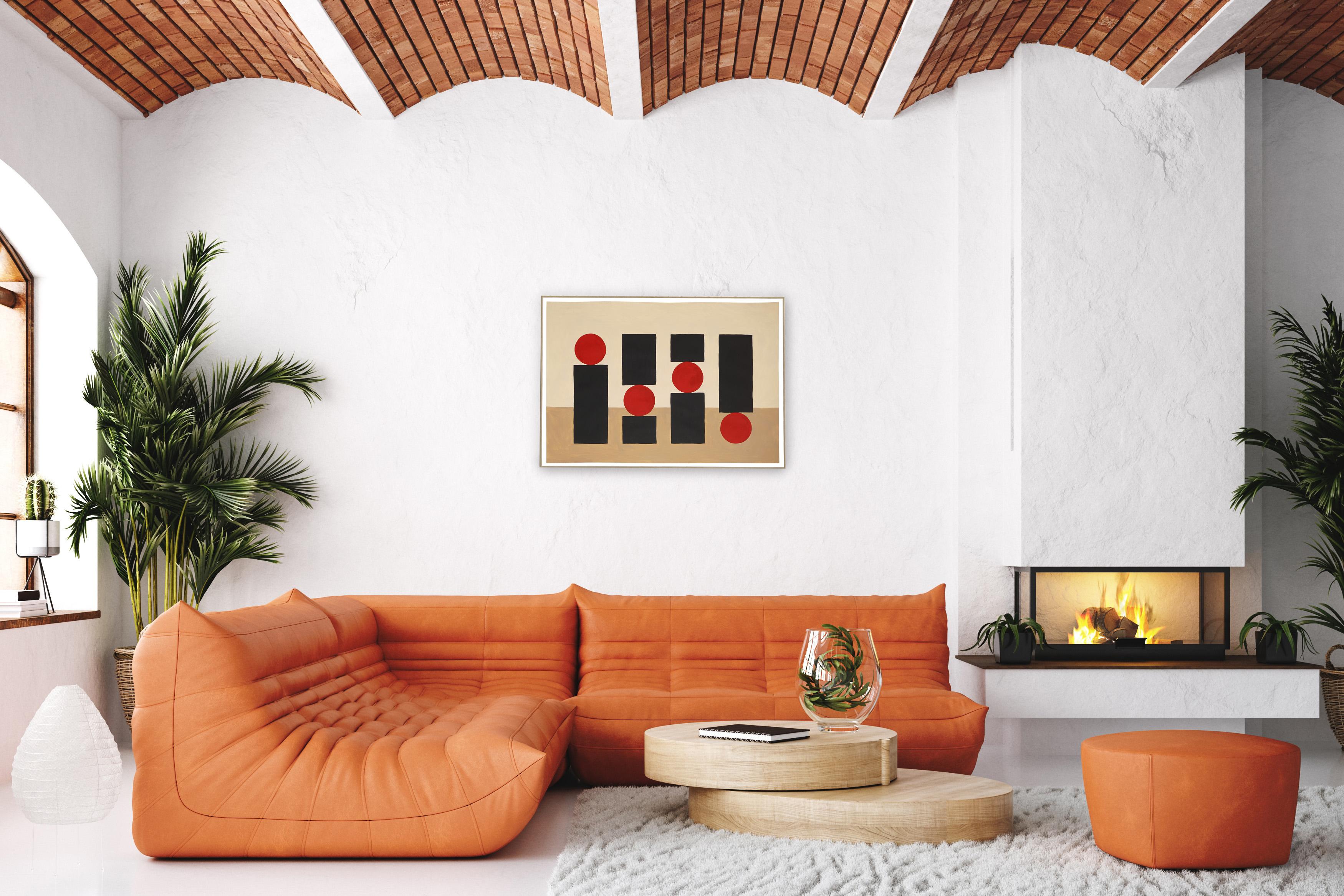 Geometrisches Stillleben im Bauhaus-Stil, Rot, Schwarz und Braun – Painting von Gio Bellagio