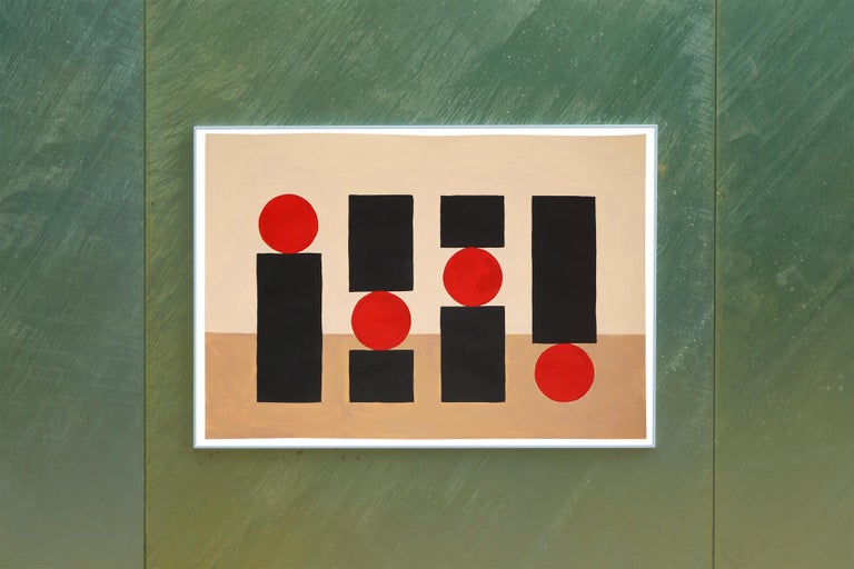 The Balance Problem, Geometric Still Life, Red, Black and Brown, Bauhaus Shapes - Abstract Geometric Painting by Gio Bellagio