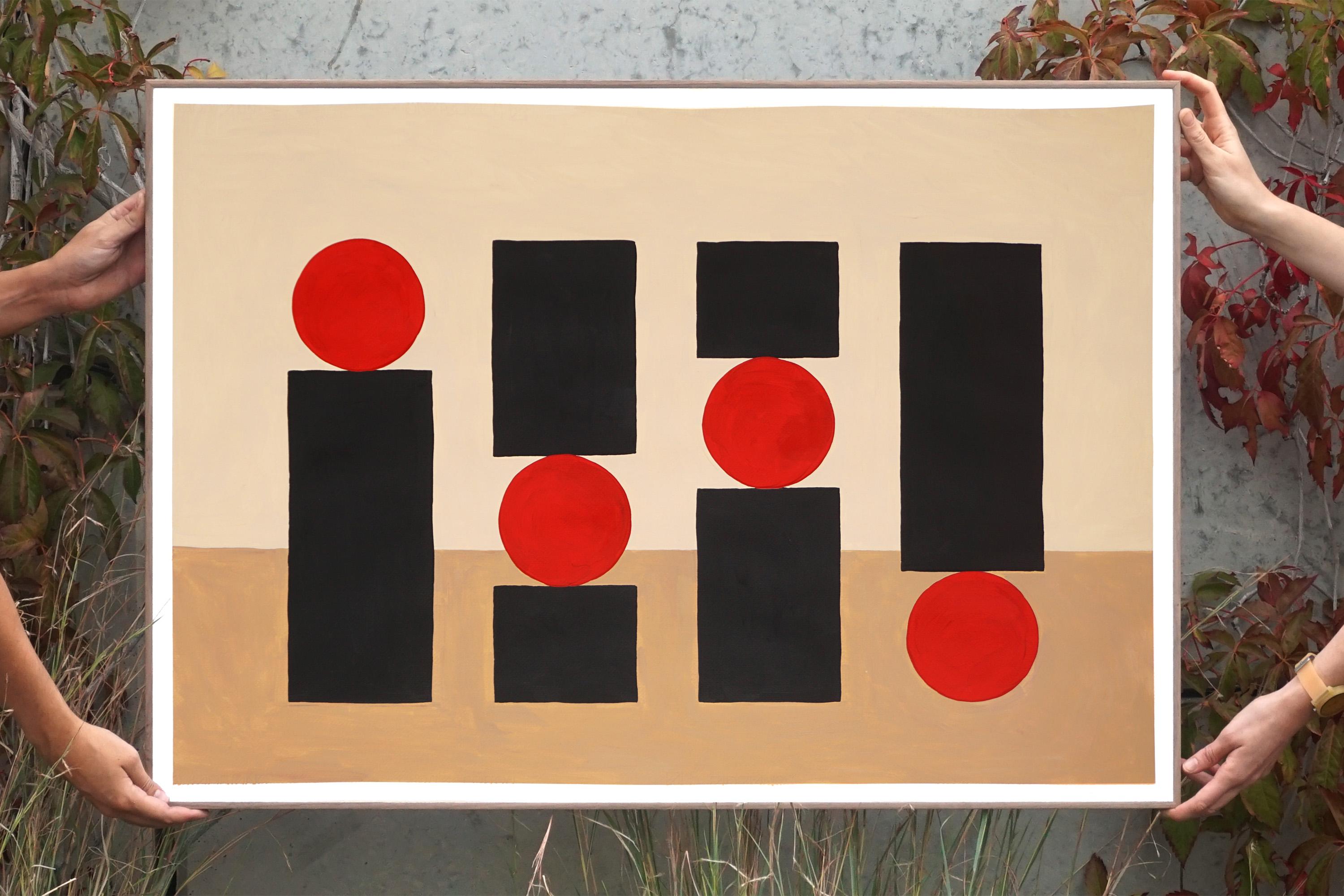 Geometrisches Stillleben im Bauhaus-Stil, Rot, Schwarz und Braun (Geometrische Abstraktion), Painting, von Gio Bellagio