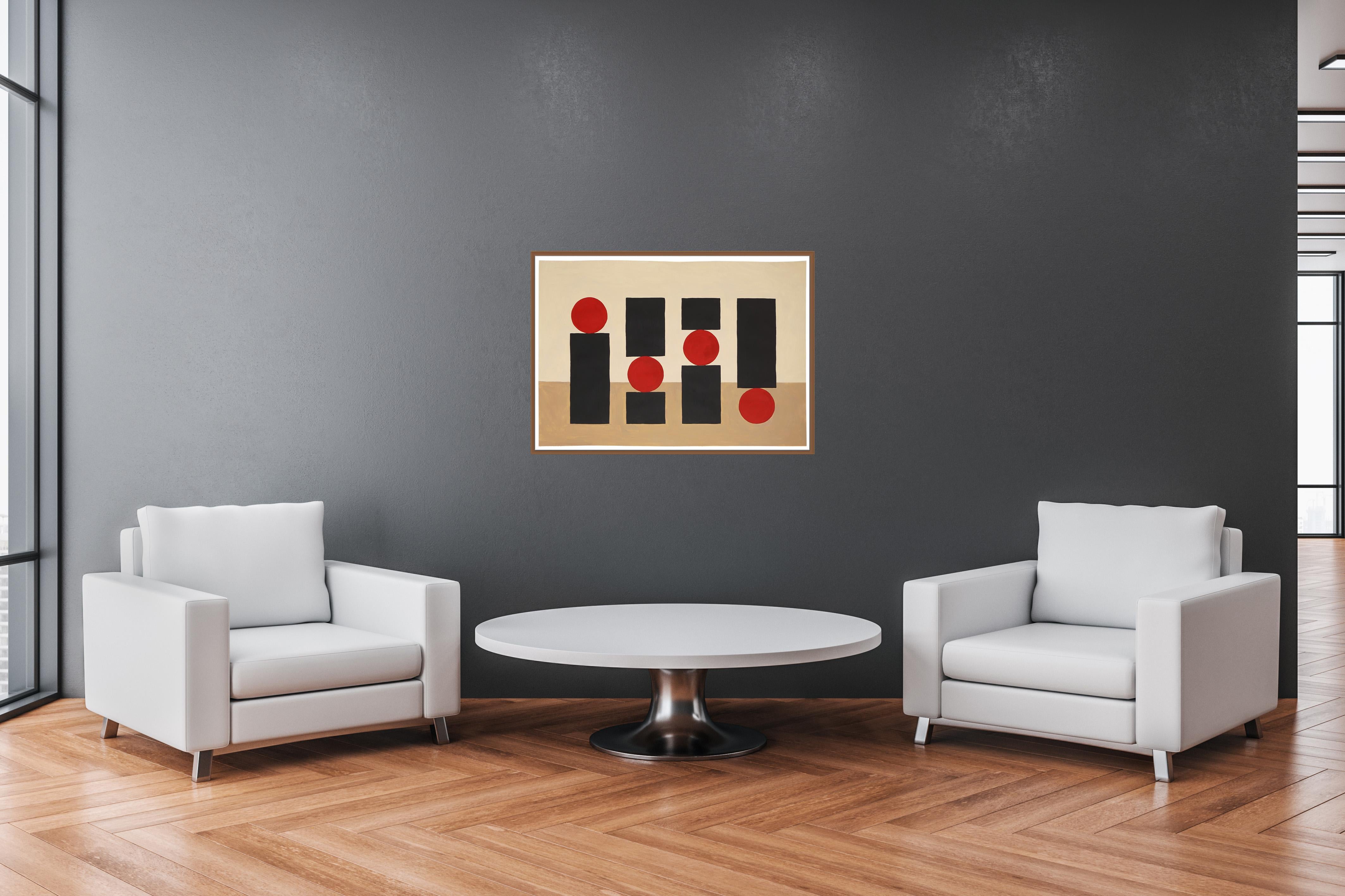 The Balance Problem, Geometric Still Life, Red, Black and Brown, Bauhaus Shapes - Abstract Geometric Painting by Gio Bellagio