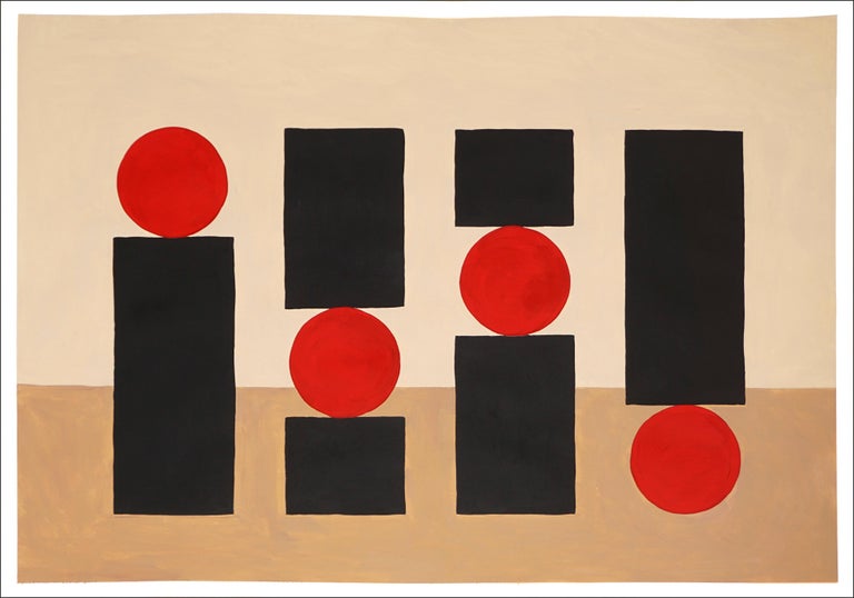 Gio Bellagio Still-Life Painting - The Balance Problem, Geometric Still Life, Red, Black and Brown, Bauhaus Shapes