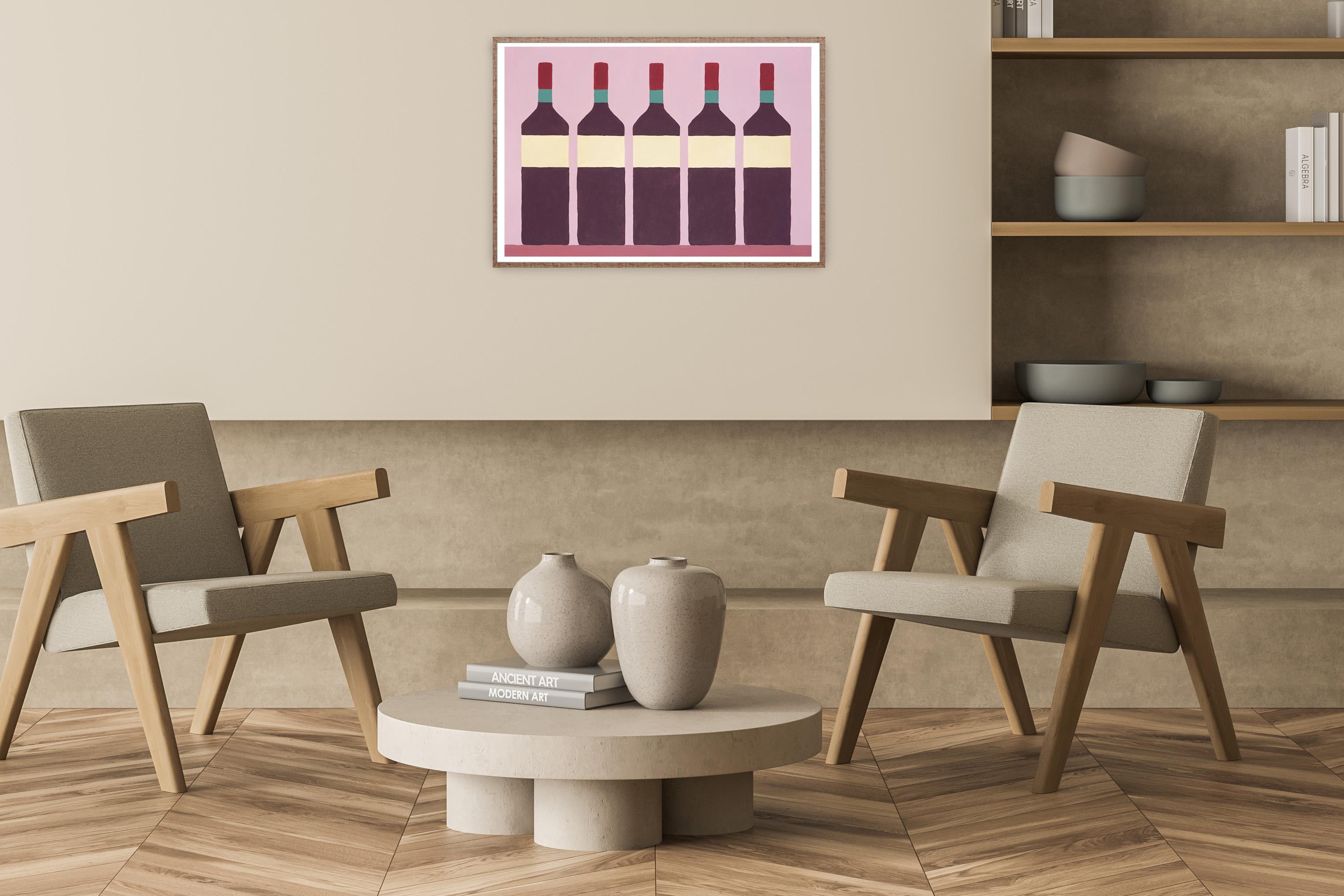 The Wine Cabinet, Bottles Display,  Pink Tones, Modern Still Life Naive Realist  For Sale 1