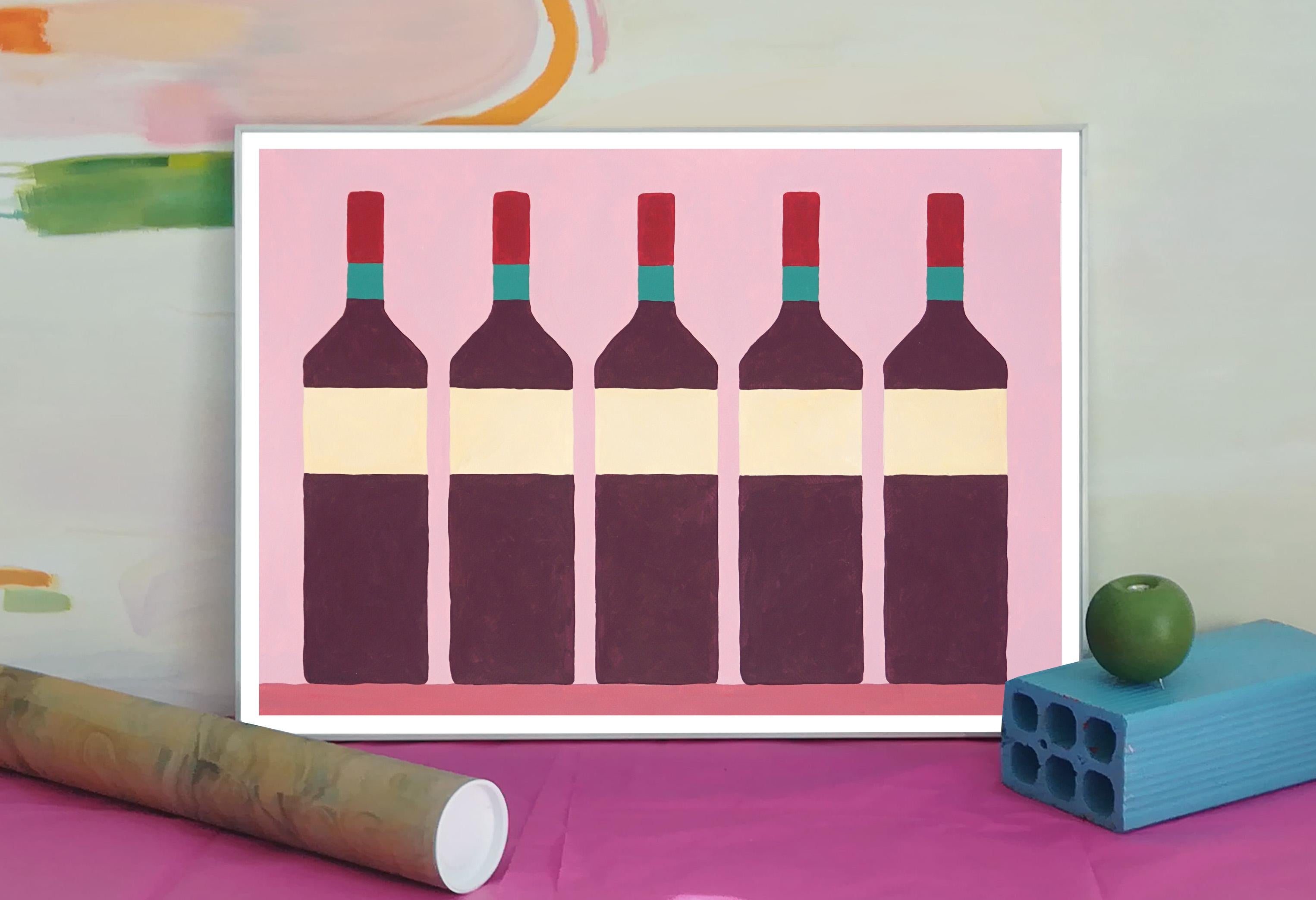 The Wine Cabinet, Bottles Display,  Pink Tones, Modern Still Life Naive Realist  For Sale 2
