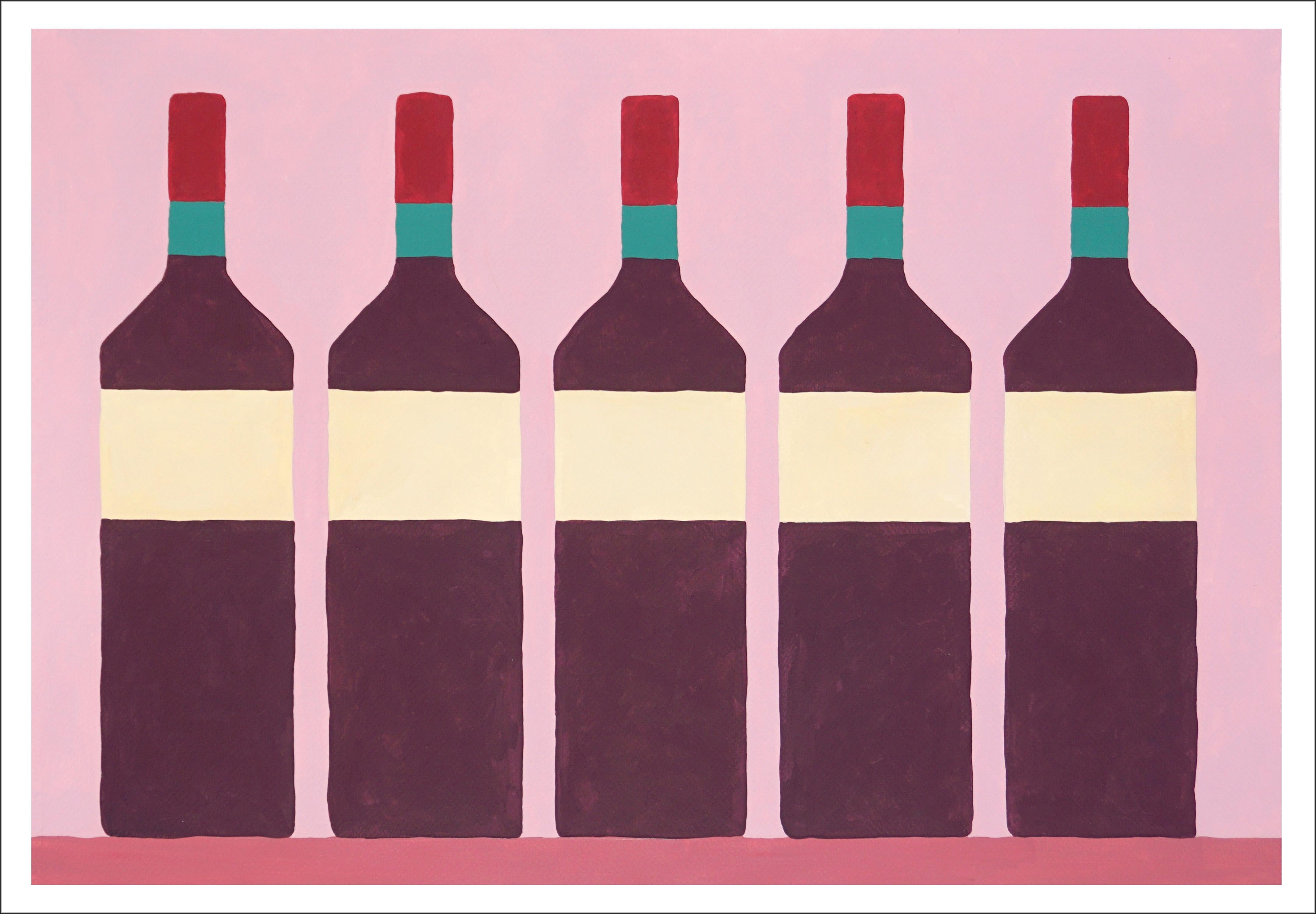 Das Weinkabinett, Flaschendisplay,  Modernes Stillleben in Rosatönen, naiver Realismus 