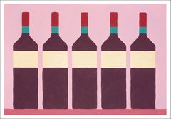 The Wine Cabinet, Bottles Display,  Pink Tones, Modern Still Life Naive Realist 
